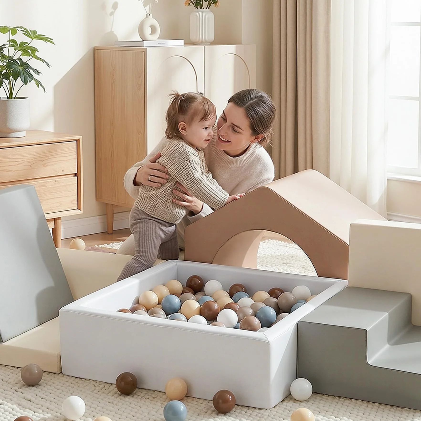 Parcours Motricité Bébé 7 Pièces Cuir PU Blocs Mousse Éducatifs avec Piscine à Balles - Structure d'escalade Antidérapante