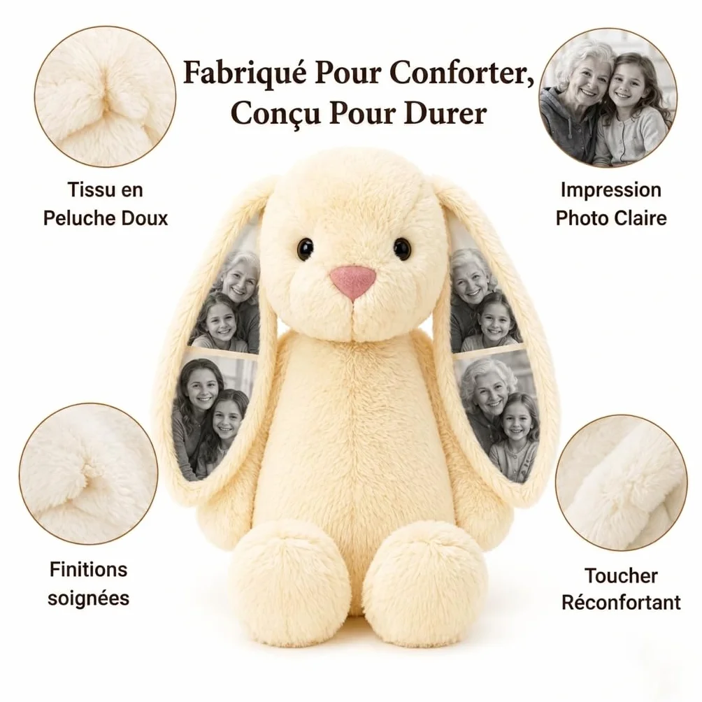 Peluche Lapin Personnalisé avec Photo Coussin Animal pour Femme Couple Cadeau Anniversaire