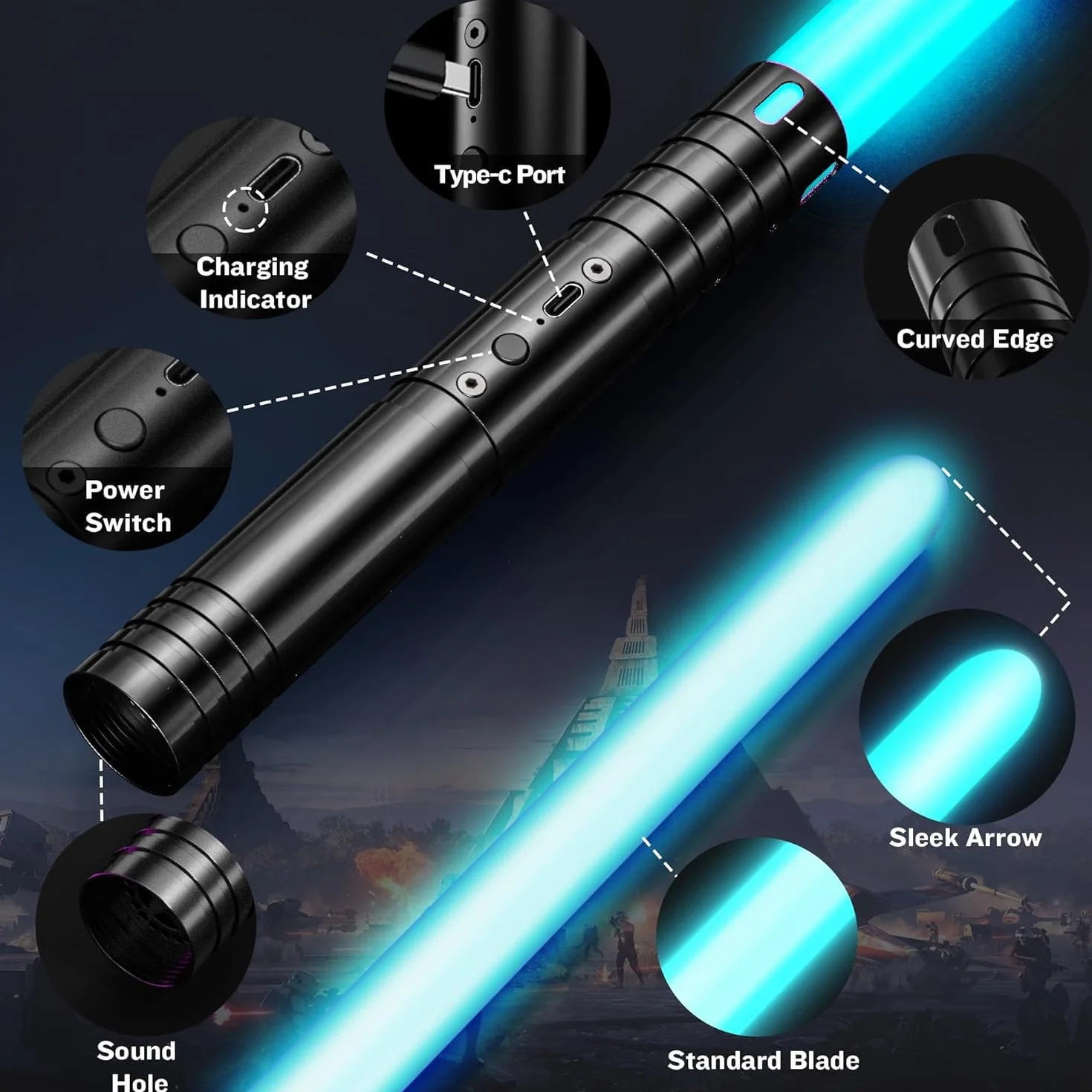 Sabre Laser RGB 15 Couleurs Rechargeable USB pour Enfants 60cm 2PC