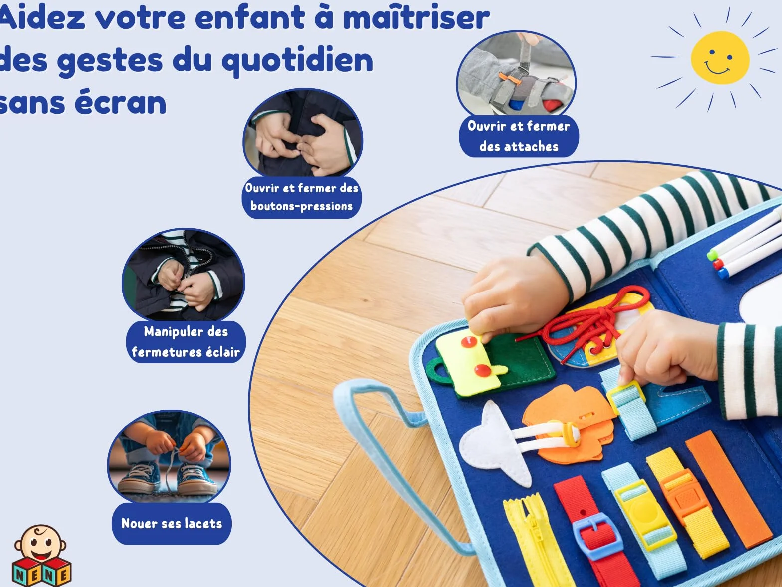 Nene Busy Board Montessori Jouet éducatif 2-6 Ans garçon fille Planche activités sensorielle sans écran Lettres Chiffres Formes Couleurs Motricité Fine