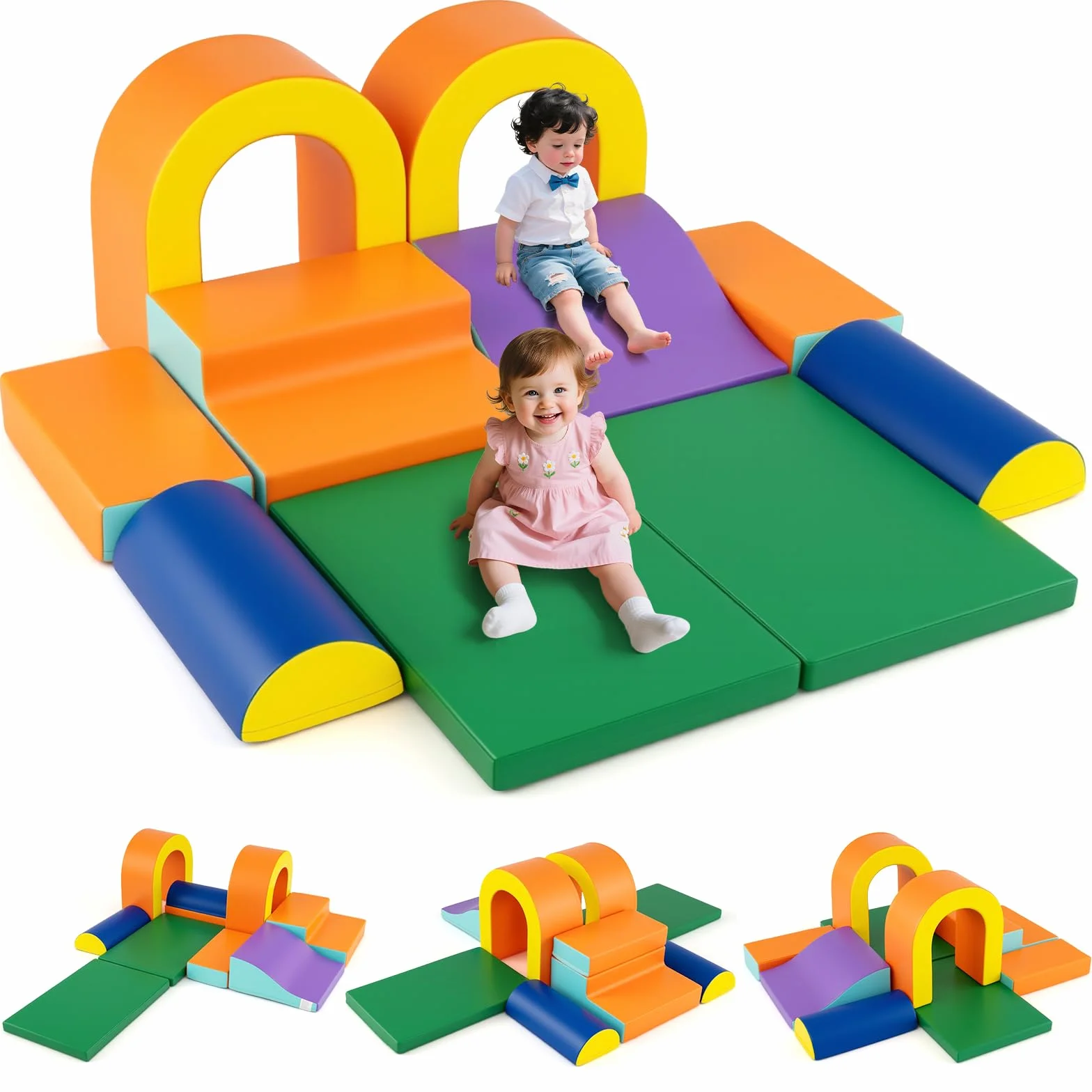 COSTWAY Module Motricité Bébé avec Toboggan & Escalier, Parcours Motricité en Mousse, Jouets Éducatifs Orange