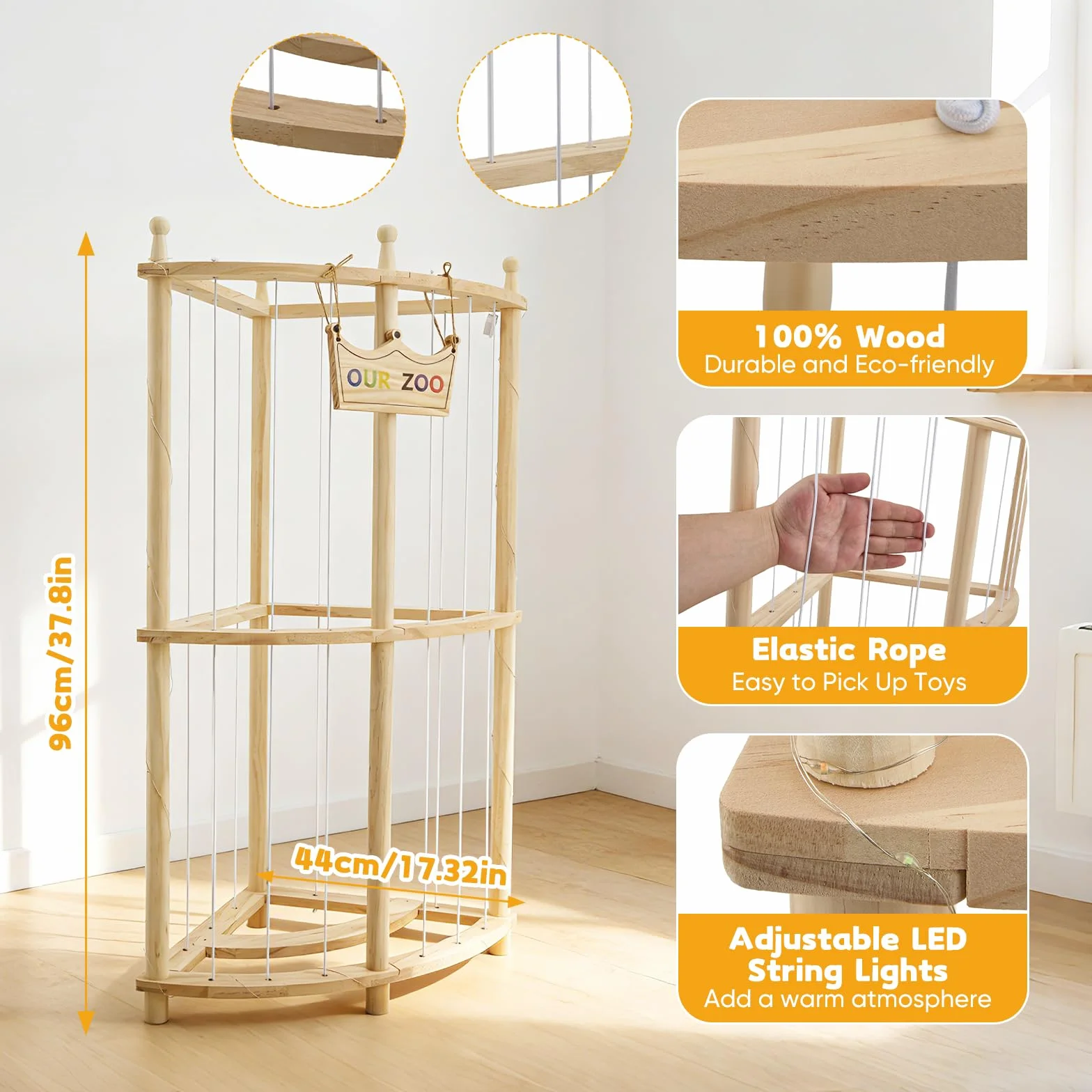 OUR ZOO Rangement d'angle pour doudou avec guirlandes lumineuses, double couche, bois, 90 cm, organisateur de jouets