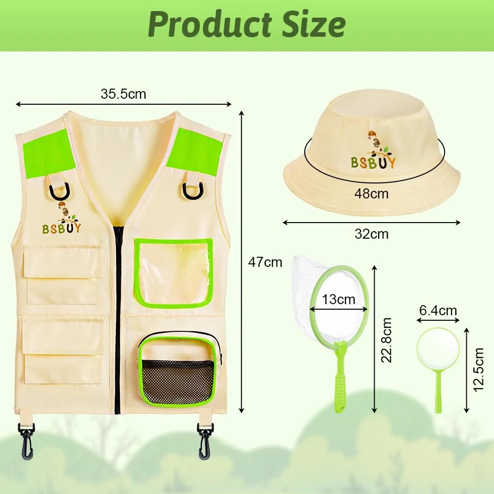 Kit de Exploration Enfant 4Pcs Aventurier Extérieur avec Gilet Safari Chapeau Filet à Papillon Loupe