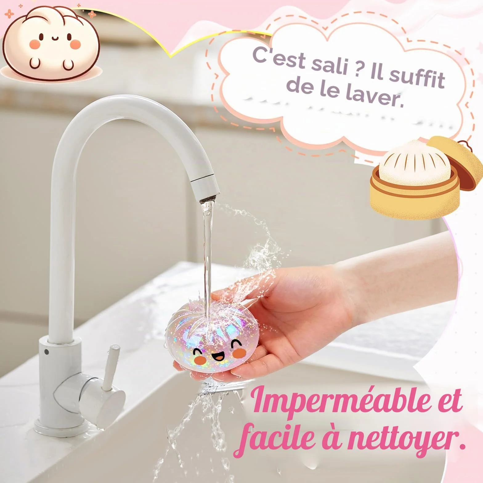 Géant Paillettes Squishys Ravioli Anti-Stress Presser avec Cuiseur Vapeur, Jouets Anti-Stress pour Enfant Adulte Rose Transparent