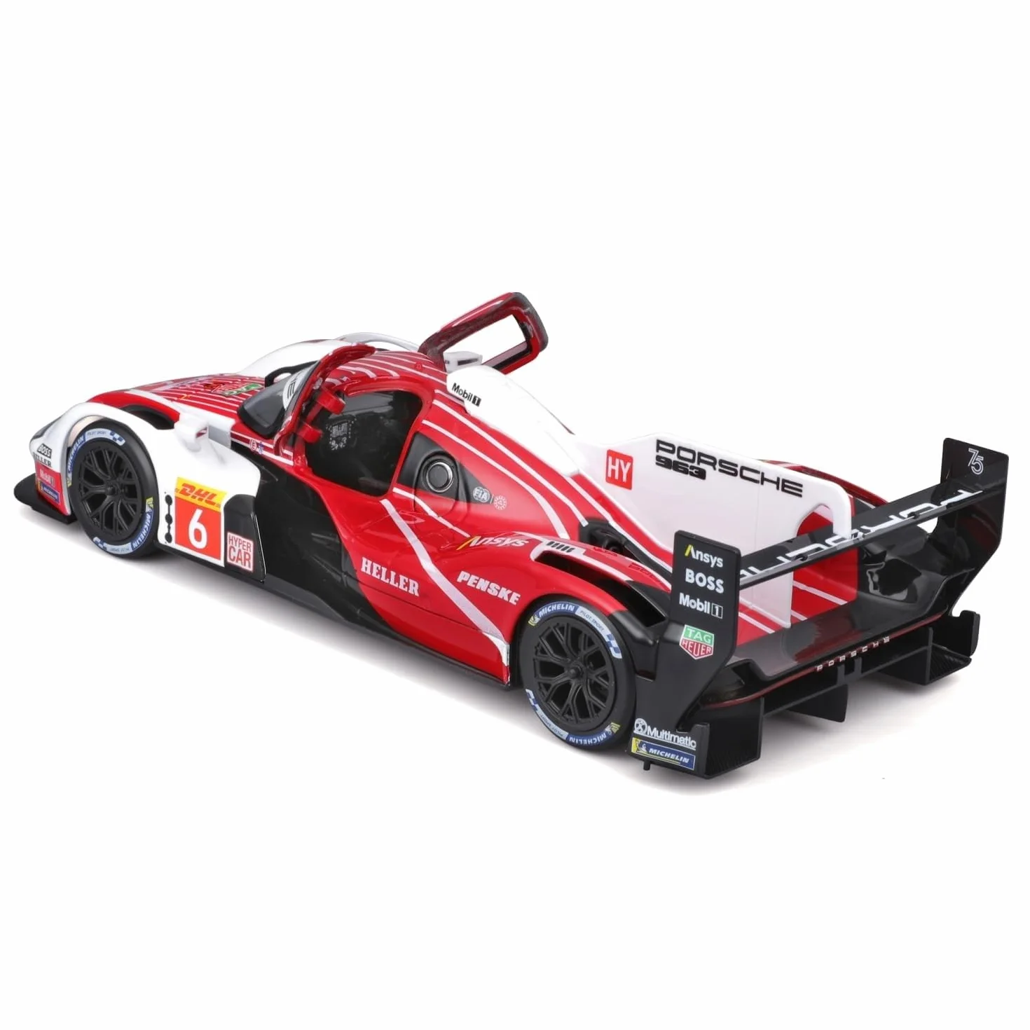 Bburago Porsche Penske 963#6 Voiture Diecast 1:24 Réplique Rouge Blanc Portes Ouvrables
