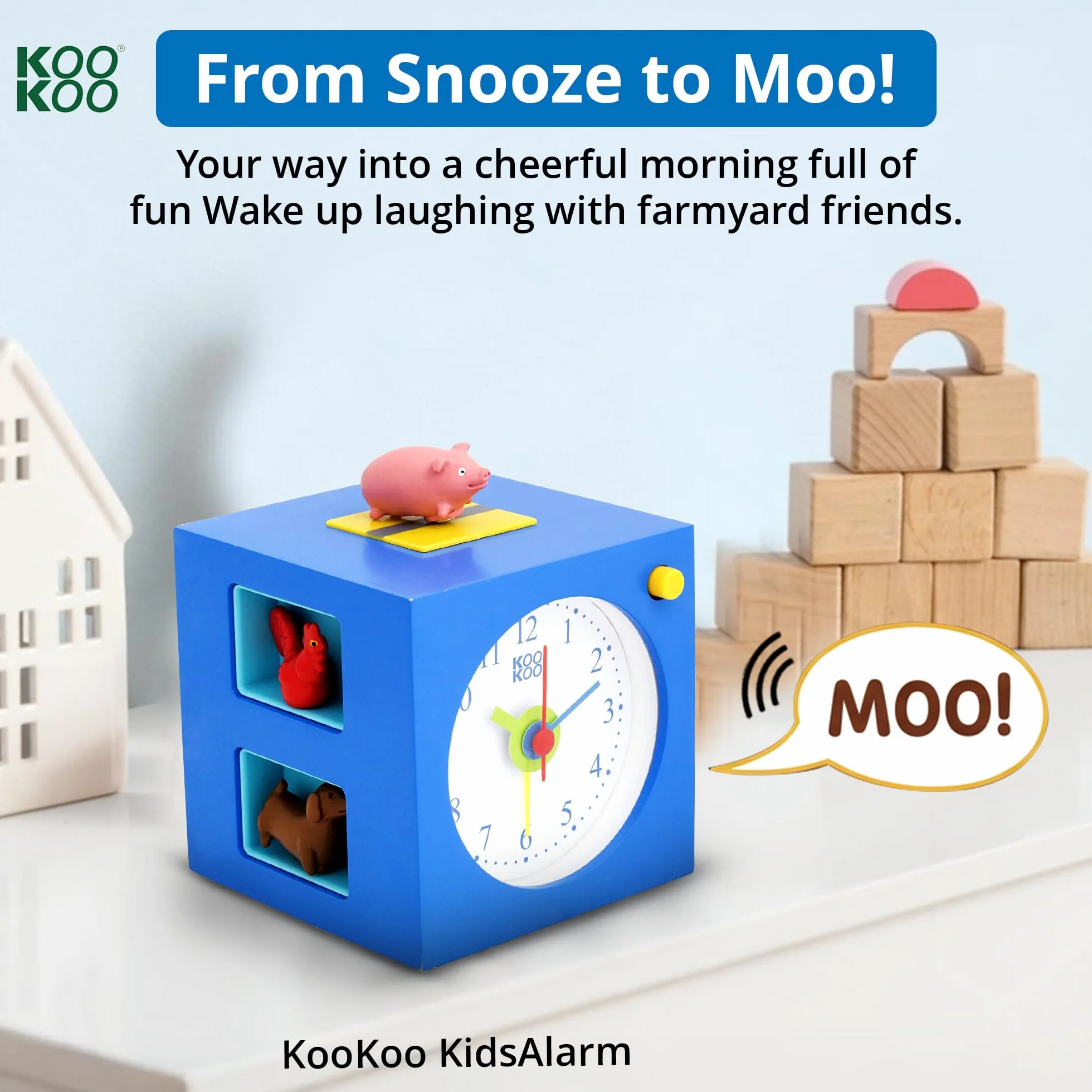 KOOKOO KidsAlarm Bleu réveil pour Enfants avec 5 Animaux de la Ferme