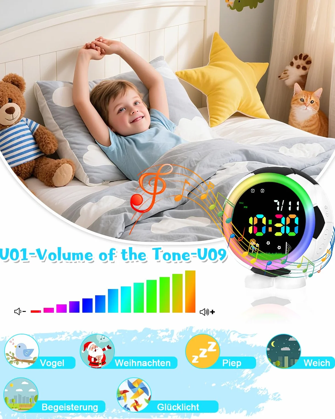 Juboos Réveil Numérique Enfant Multicolore Veilleuse Snooze 6 Sonneries 12/24H Cadeau Rentrée 4-15 Ans