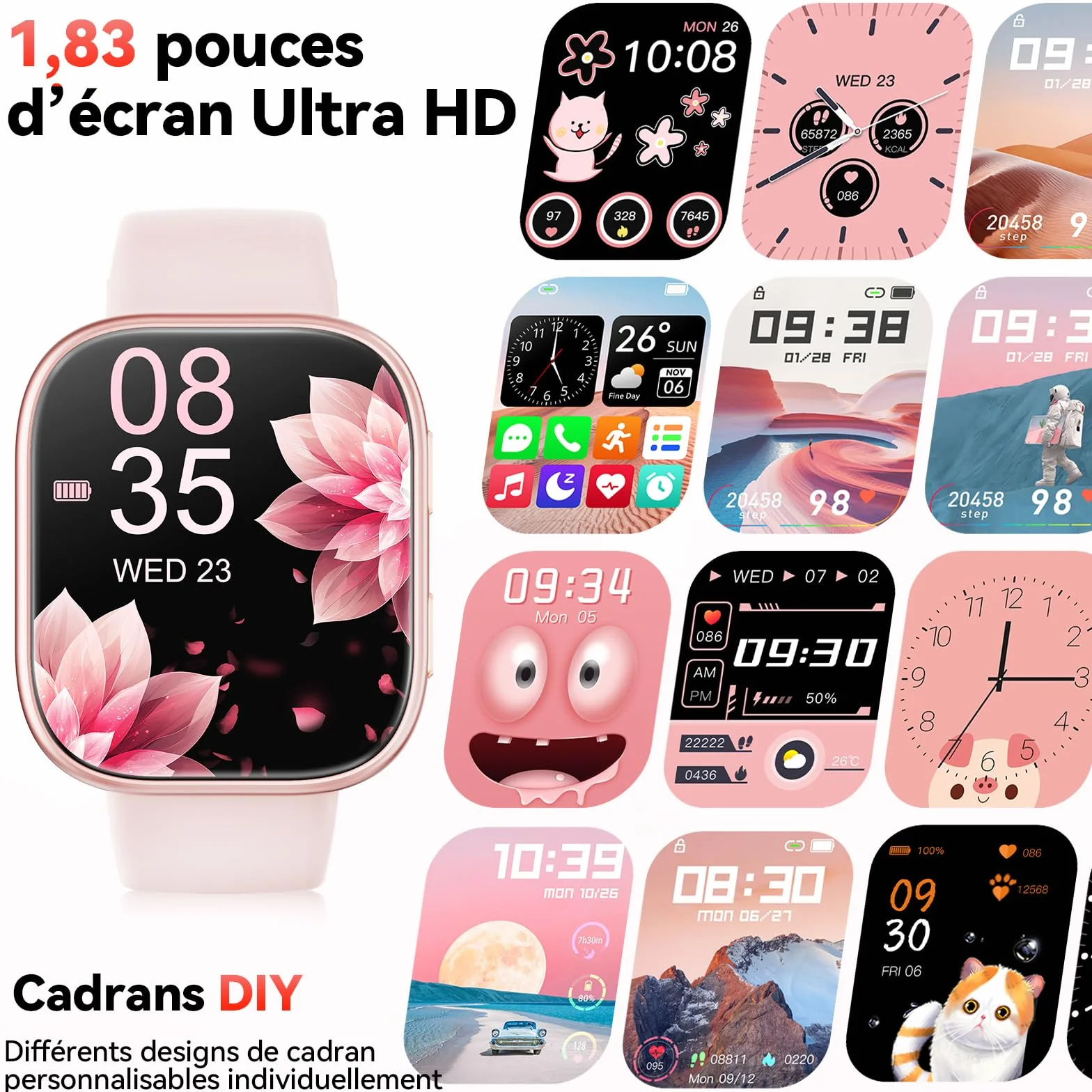Mingtawn Montre Connectée 1.83" HD Smartwatch IP68 Etanche Fréquence Cardiaque SpO2 Fitness Tracker iOS Android