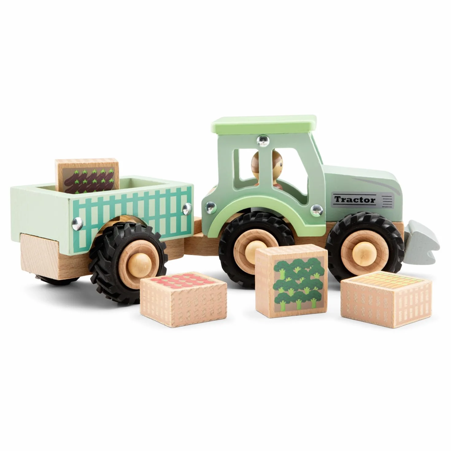 Jouet Tracteur en Bois avec Remorque Détachable pour Tout-Petits – Véhicule de Ferme avec Légumes Jouets – Cadeau Enfants