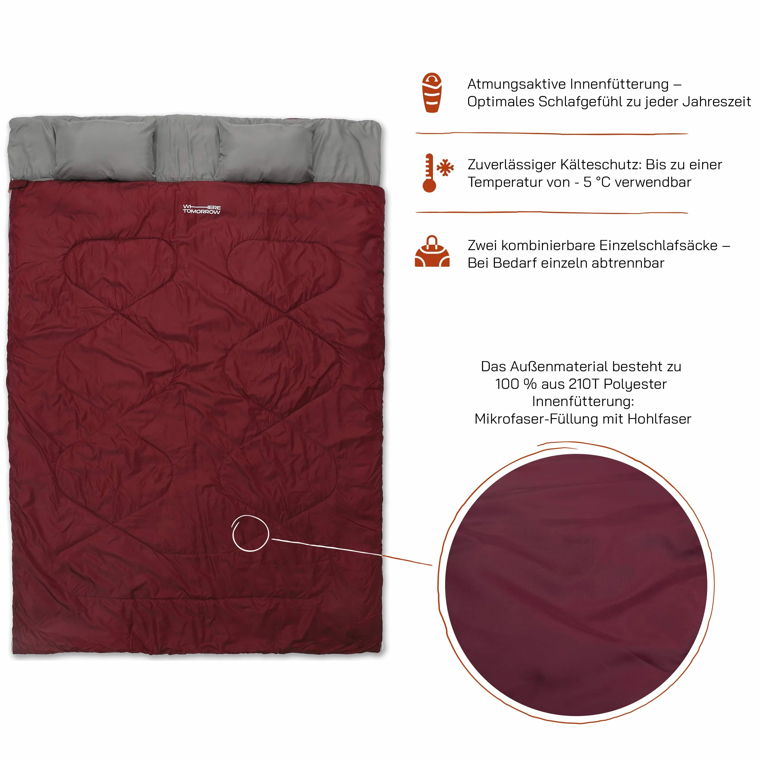 Lumaland Sac de Couchage Double 2 Personnes 190 x 150 cm Imperméable Respirant 300 g/m² Bordeaux