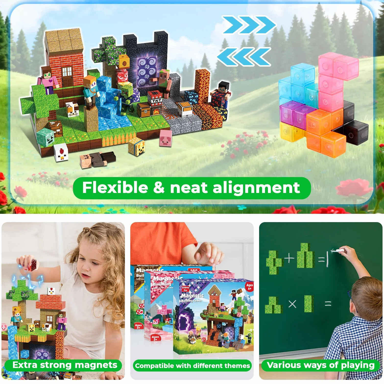Magneverse Construction Magnétique Enfant 210 Pièces 6 Figurines Jeu de Construction Éducatif Cadeau 6-12 Ans