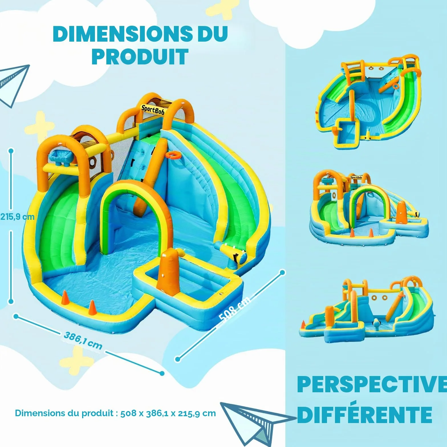 Chateau Gonflable avec Toboggan Double, Aire de Jeux Gonflable pour Enfants, Parc Aquatique avec Piscine d'Éclaboussures