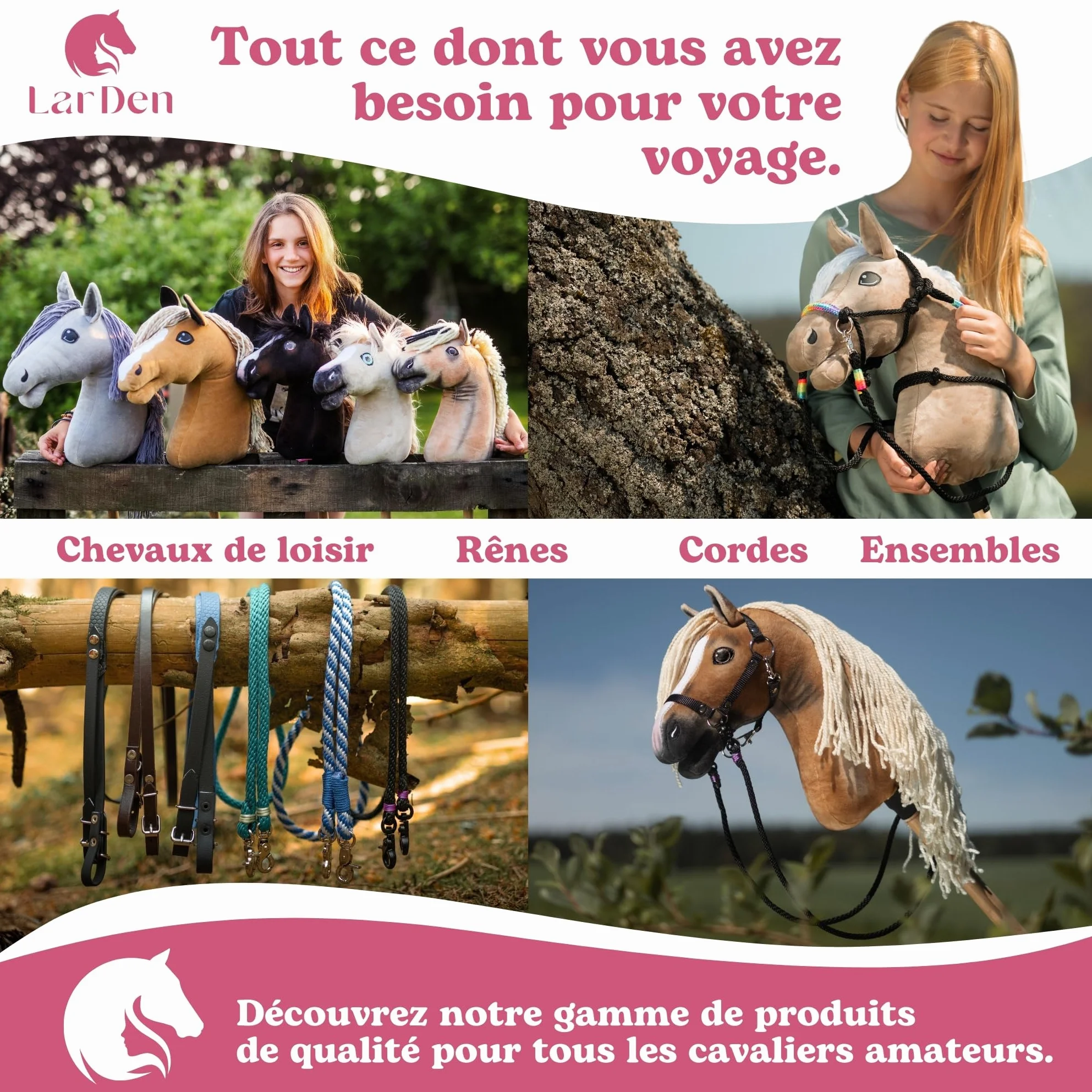 LarDen Hobby Horse Accessoires Ensemble de Corde Licol avec Rênes & Collier pour Cheval Bâton GR. S Arc-en-Ciel Fait à la Main