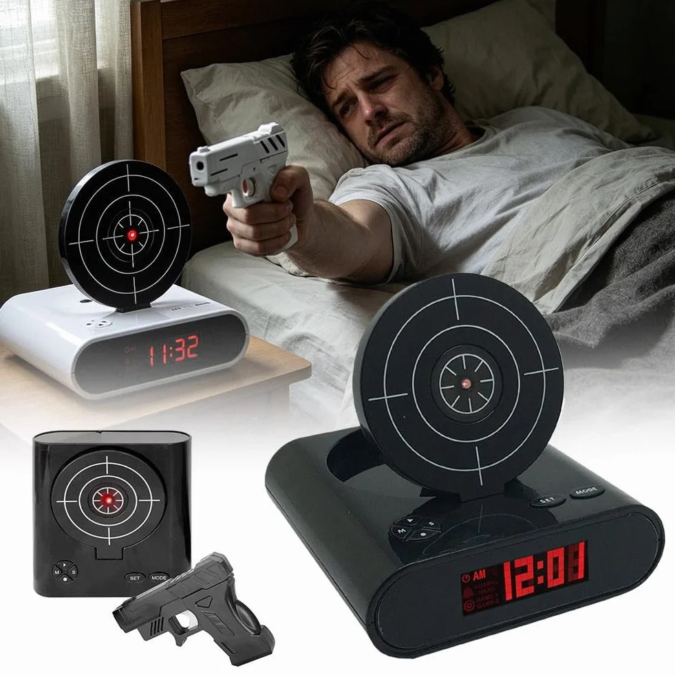 Réveil cible avec tir de pistolet, affichage LED, gadget interactif pour maison et bureau
