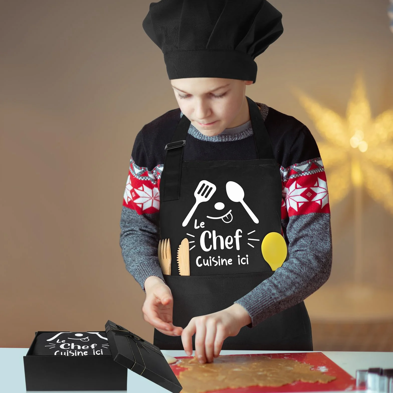Tablier Enfant et Chapeau de Chef Réglables avec Poche pour Cuisine et Pâtisserie