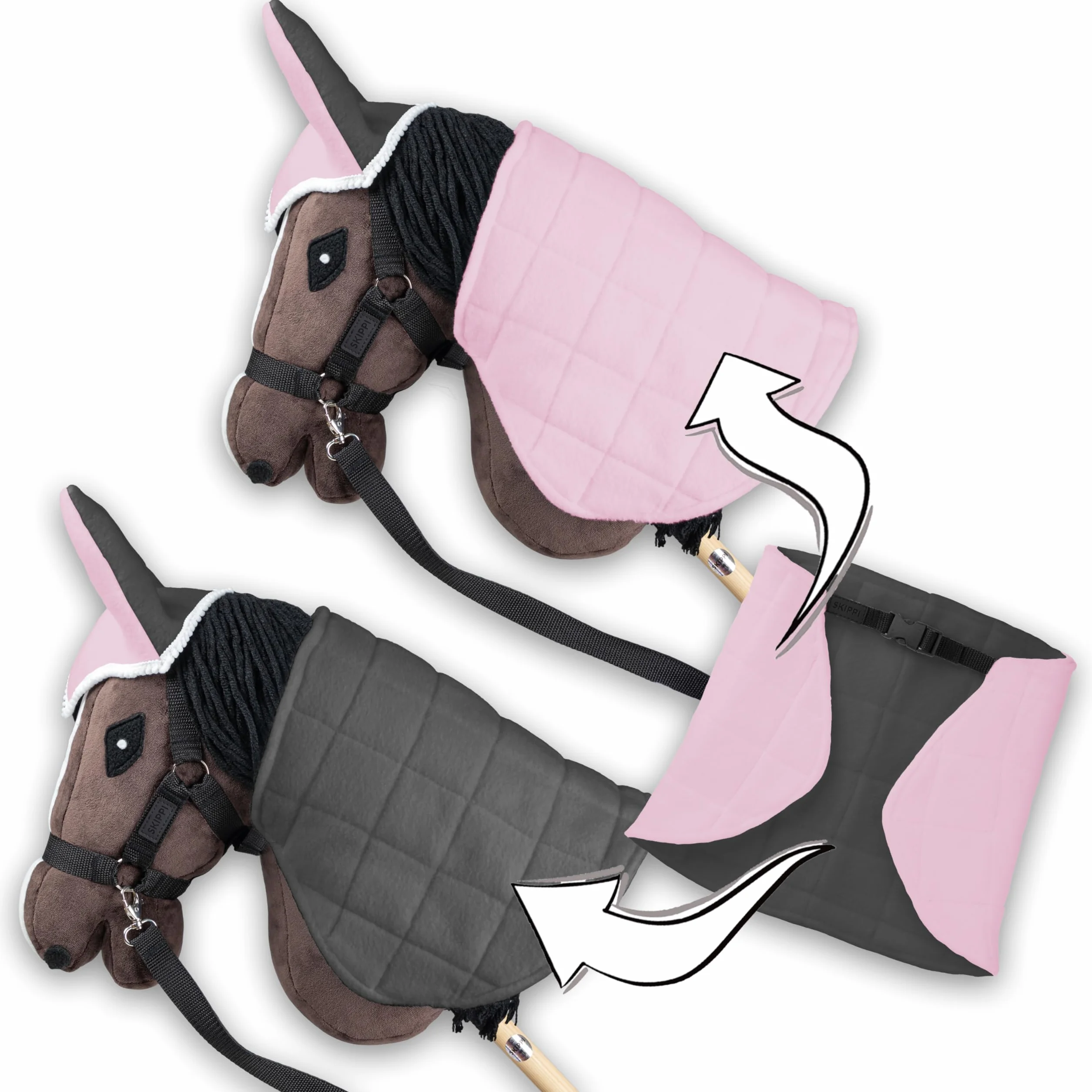 SKIPPI Couverture Réversible et Bonnet Anti Mouches pour Hobby Horse - Rose et Gris, Accessoire Tête de Cheval