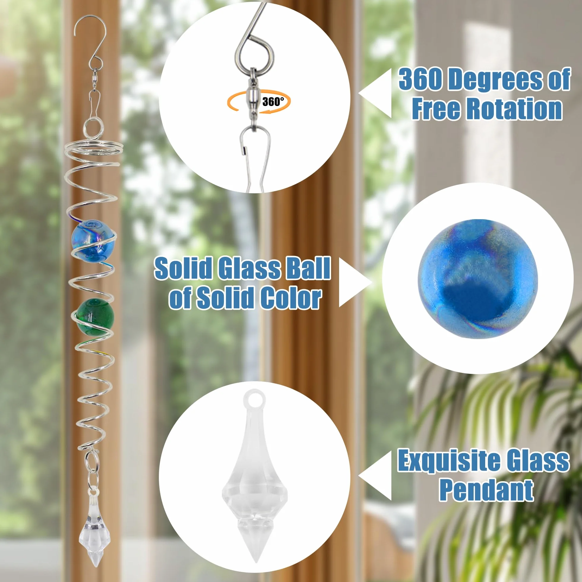 Lot de 2 stabilisateurs de queue en acier inoxydable attrape-soleil pour cour et jardin avec boules de verre et crochet pivotant