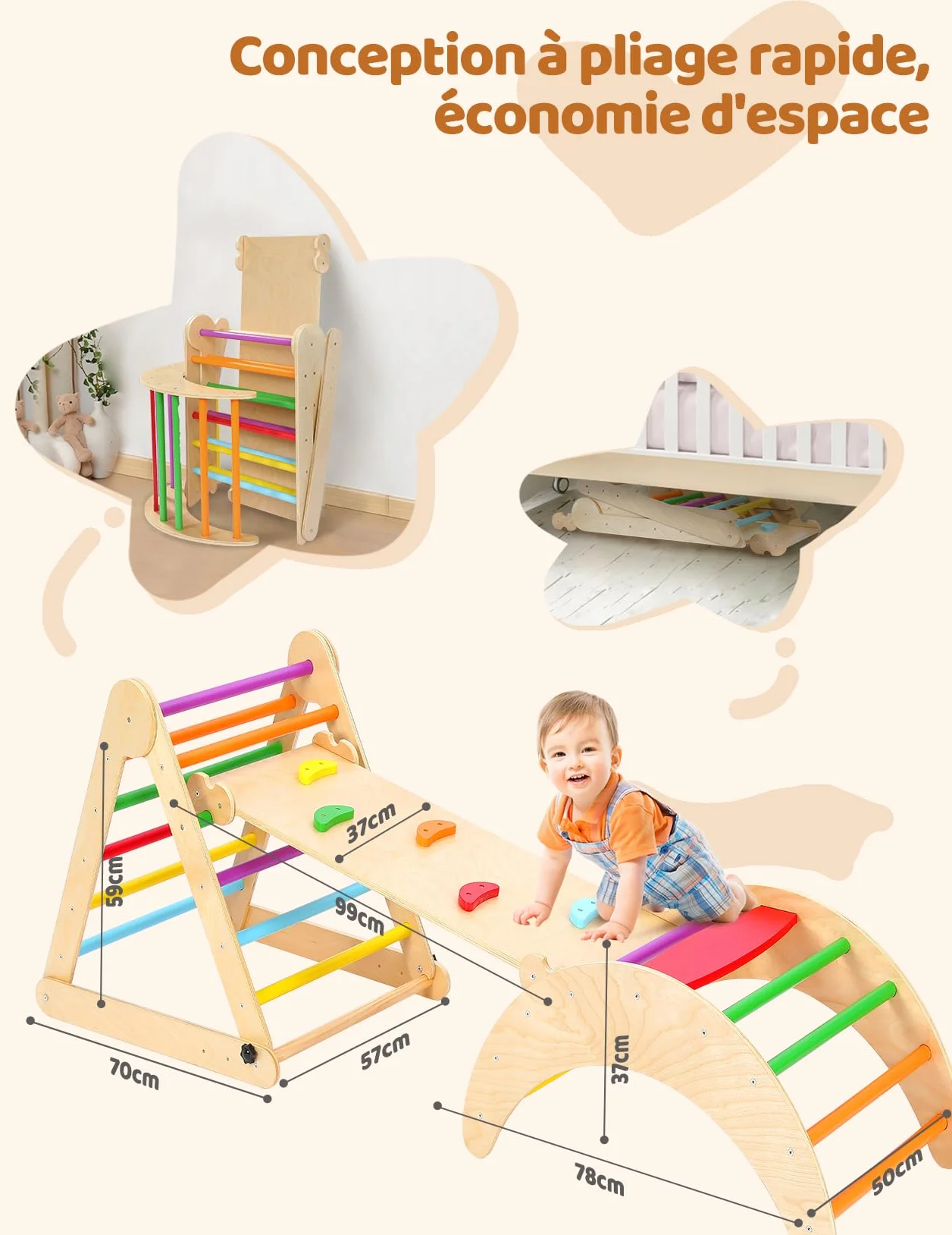 YOLEO Triangle à Grimper Pliant Montessori avec Arche de Toboggan, Aire de Jeux Intérieure pour Enfants 1 an