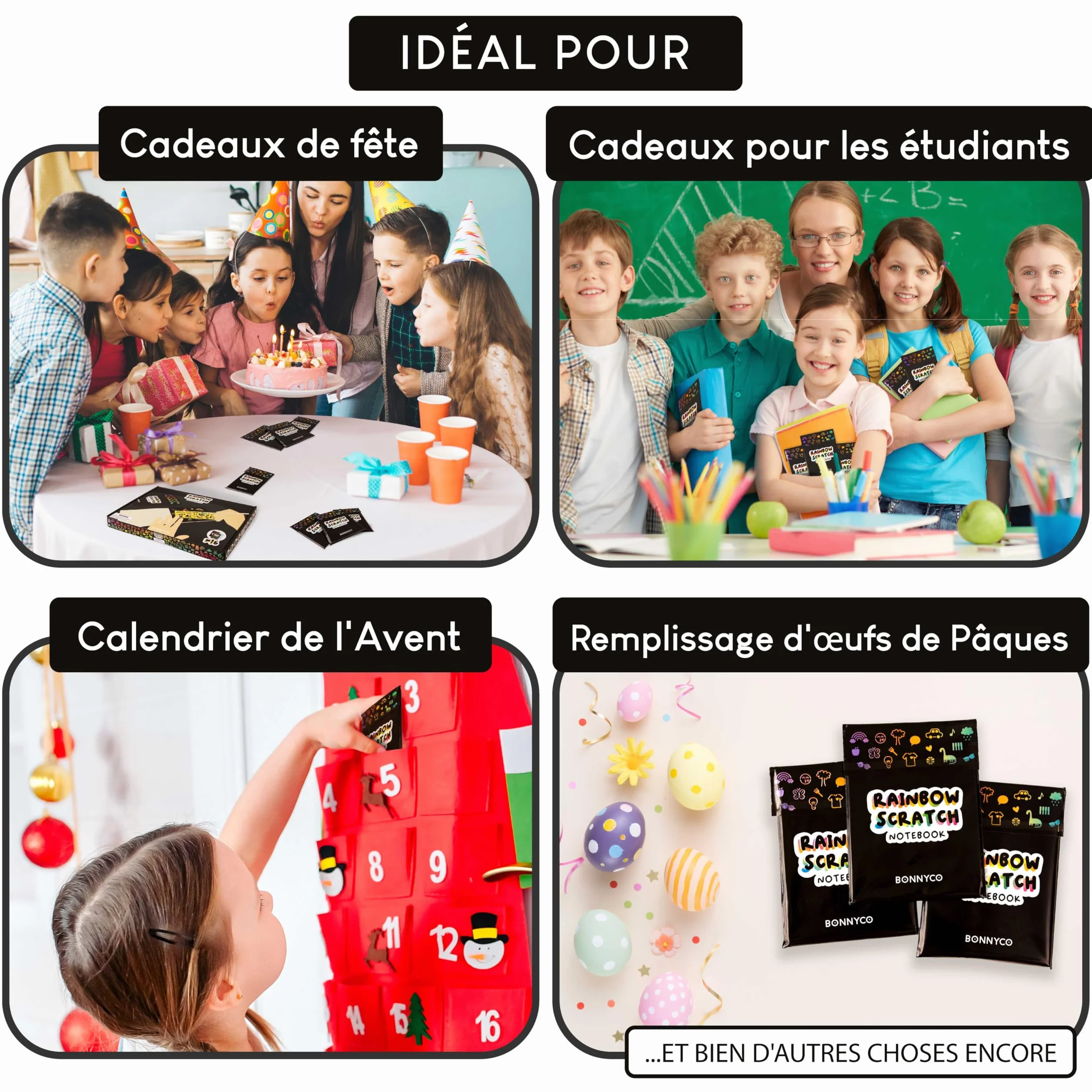 BONNYCO Carte a Gratter Enfant 16 Sets avec Carnet, Pochoir et Stylet en Bois