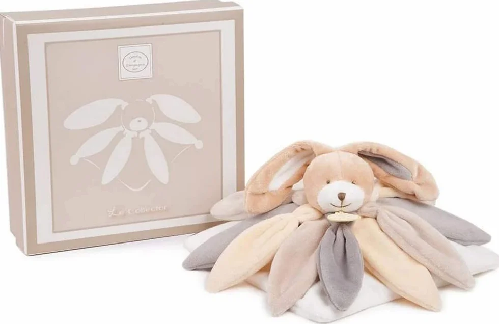 Doudou Lapin Plat Bébé Format Carré Pétale 28 cm Taupe Boite Cadeau DC2792