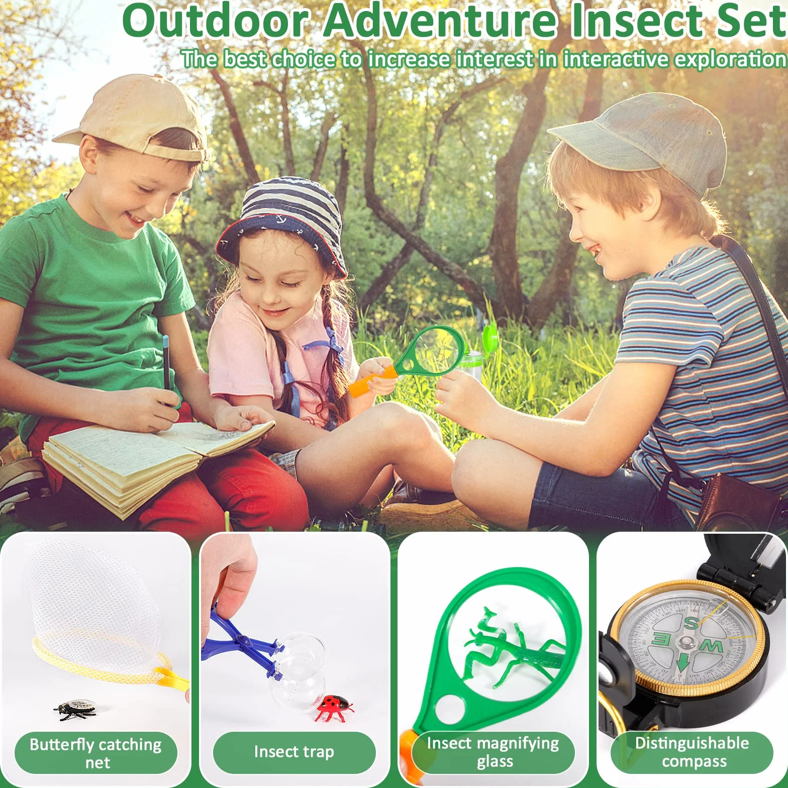 Ensemble Explorateur Extérieur 27 Pièces Jouets Kit Exploration Jumelles Aventurier Enfants avec Pince à épiler Attrape-Insectes Boussole Loupe