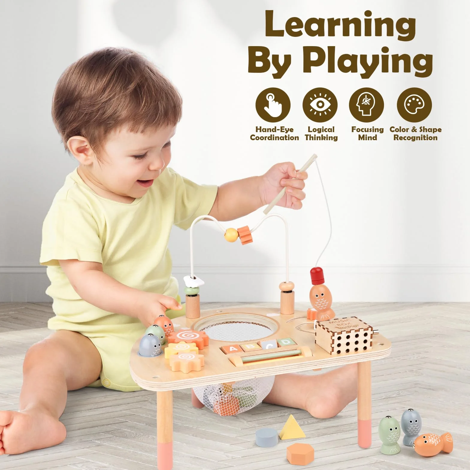 Vanplay Table Activité Bébé Jouet Montessori Jouets en Bois Sensoriels Labyrinthe de Perles Trieur de Formes Cadeau 2 3 4 ans