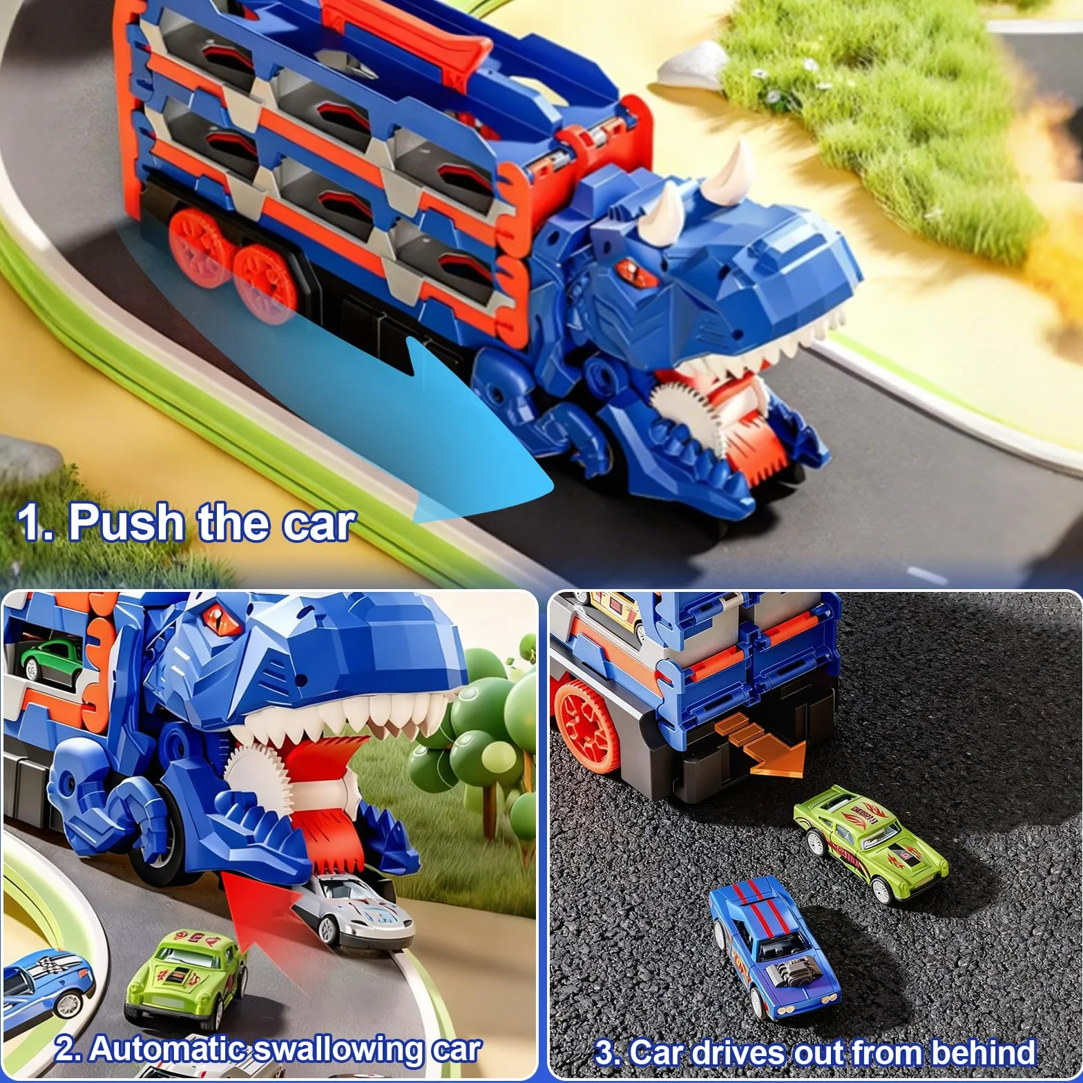 Camion Dinosaure Jouet Transporteur avec 12 Voitures et 160cm Pistes Pliables pour Garçons 2-6 Ans