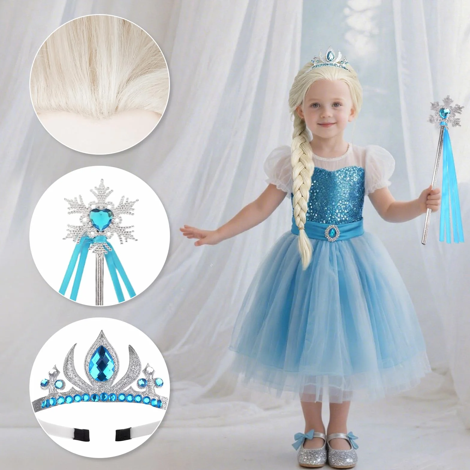 Princesse Dress Up Accessoires Filles Perruque Raiponce Couronne Diadème Baguette Fée Blonde Longue Tresse Enfant Cosplay Carnaval Fête