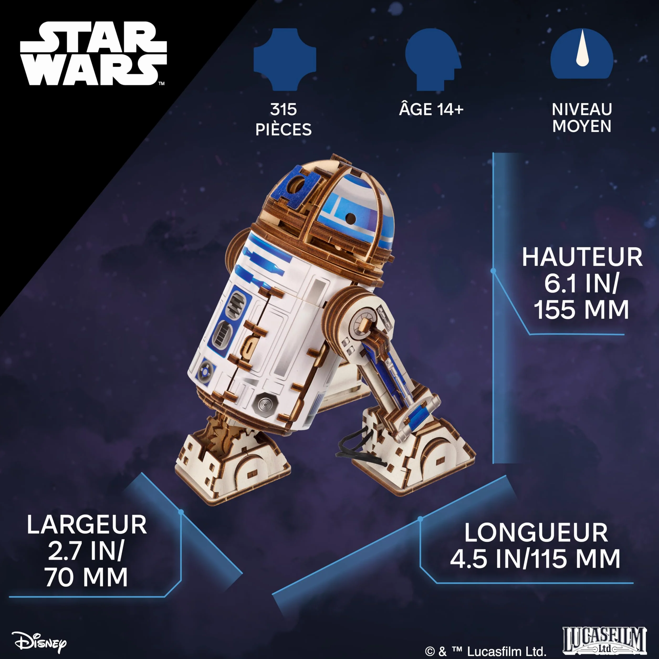 UGEARS Star Wars R2-D2 3D Puzzle Bois Adulte - Maquette en Bois a Construire, Puzzle 3D DIY
