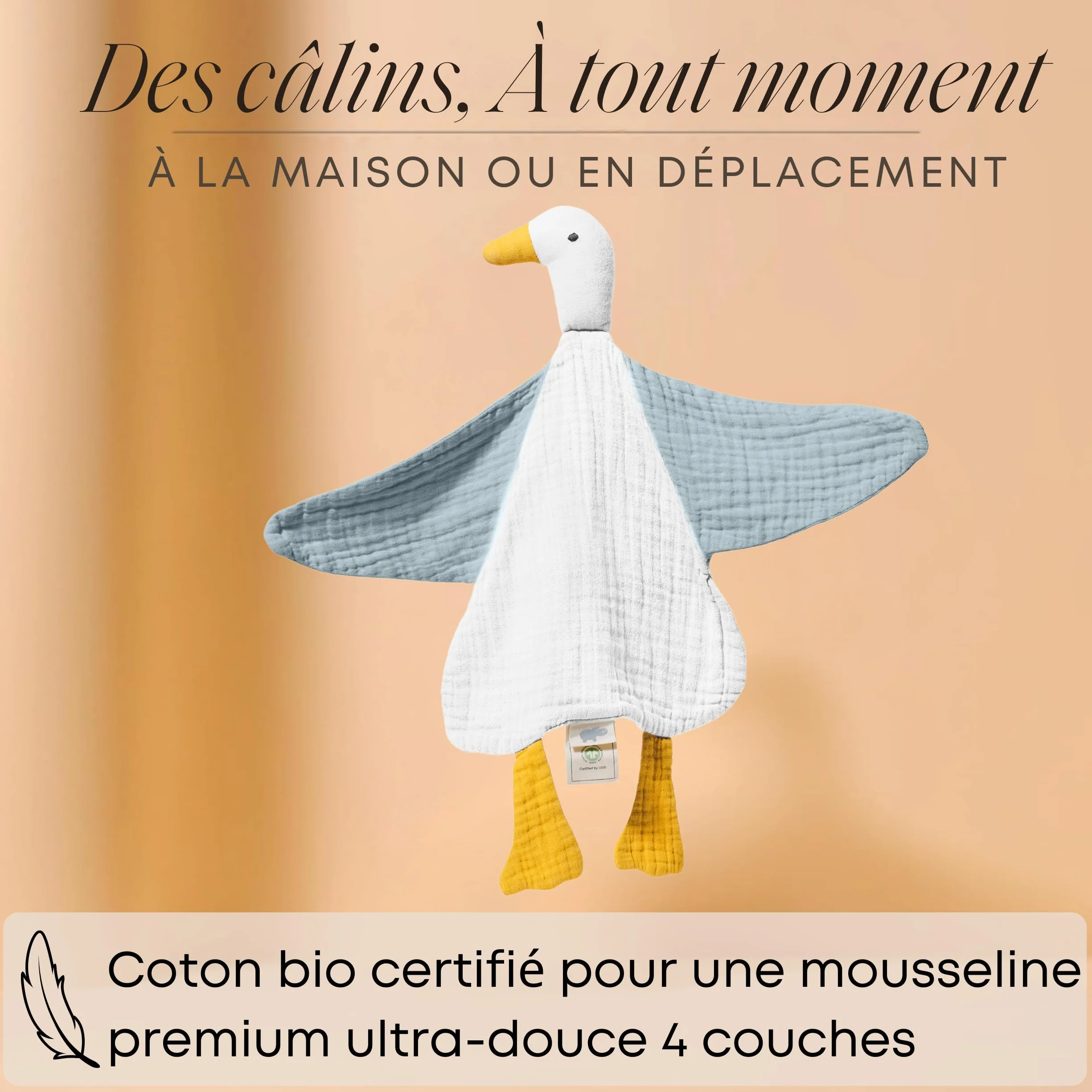 Doudou bébé Naissance I Canard Gaze de Coton Bio GOTS Ultra Doux Respirant Cadeau Nouveau-né