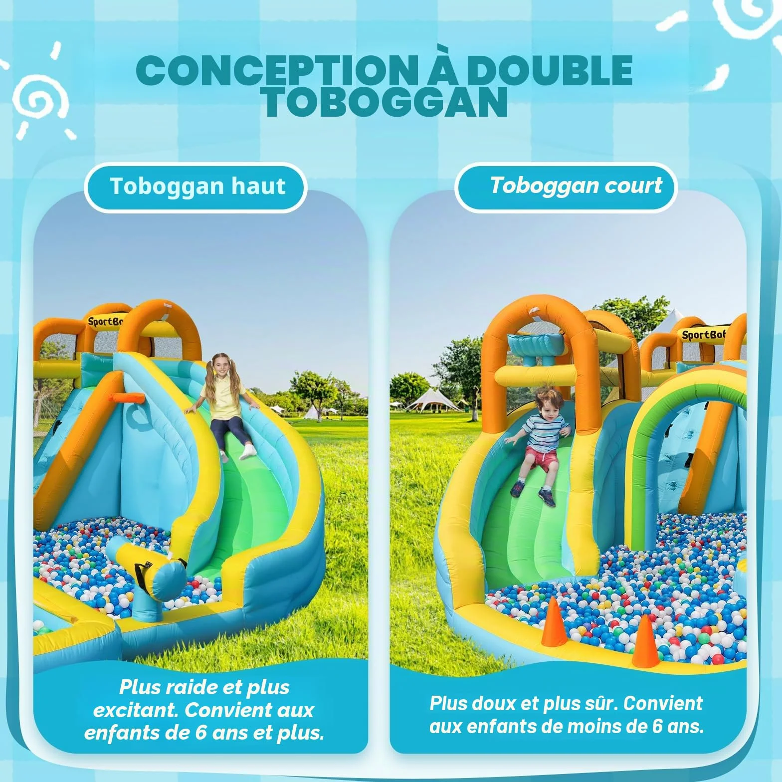 Chateau Gonflable avec Toboggan Double, Aire de Jeux Gonflable pour Enfants, Parc Aquatique avec Piscine d'Éclaboussures