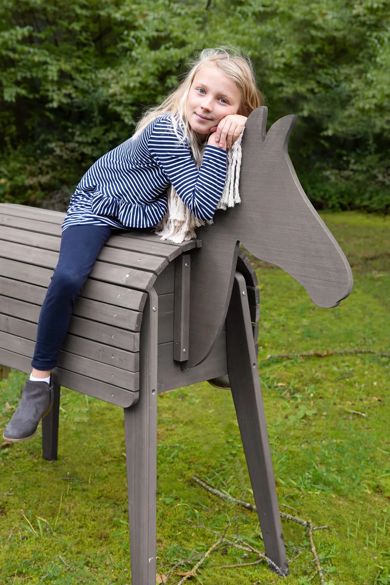 Cheval d'Équitation en Bois Massif pour Enfants - Hauteur d'Assise 89 cm - Teinté Gris
