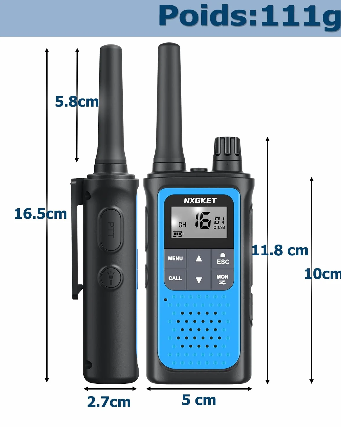 Talkie Walkie Enfants Adultes Longue Portée 5km 16 Canaux Batterie Li-ION Intégrée