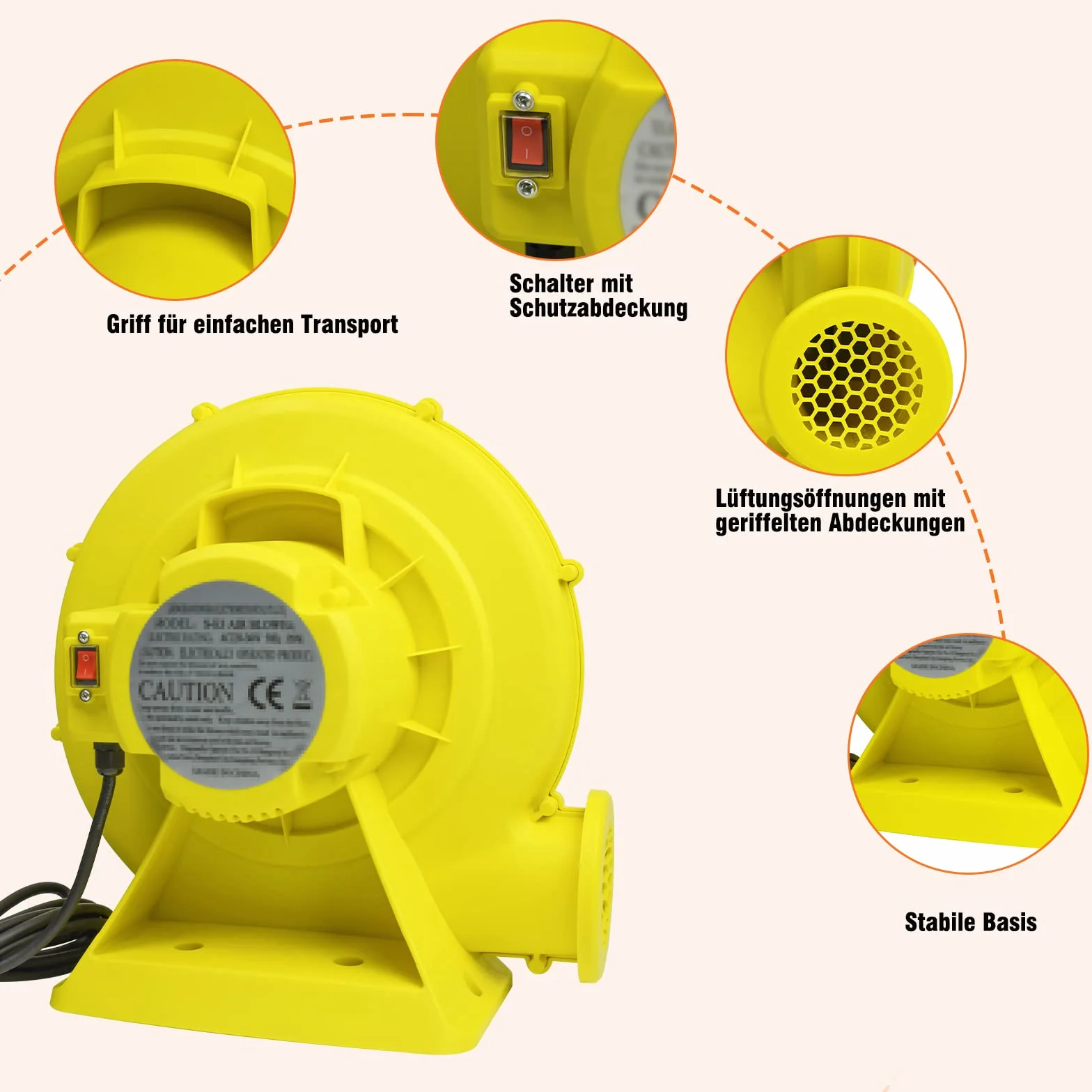 Pompe Air Electrique Souffleur d'air 350W pour Château Gonflable, Portable avec Poignée, Jaune