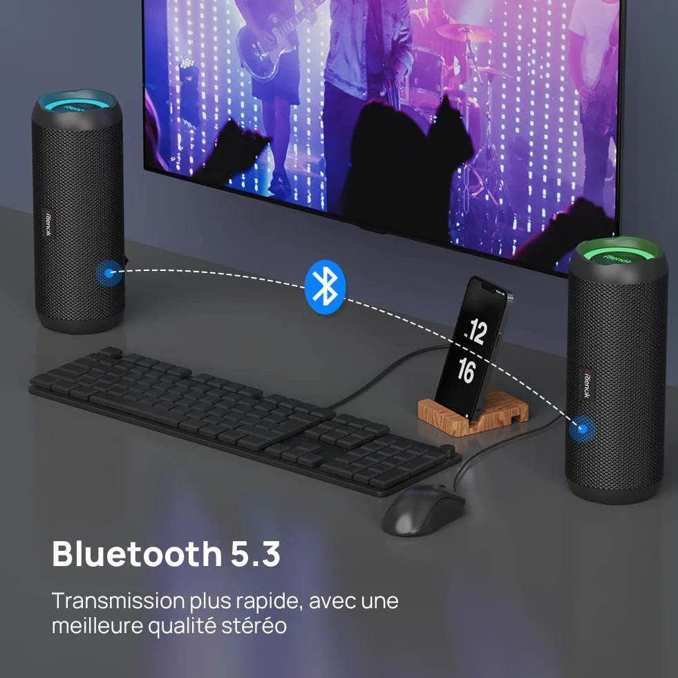 RIENOK Enceinte Portable Bluetooth 5.3 30W IPX7 30H Noir