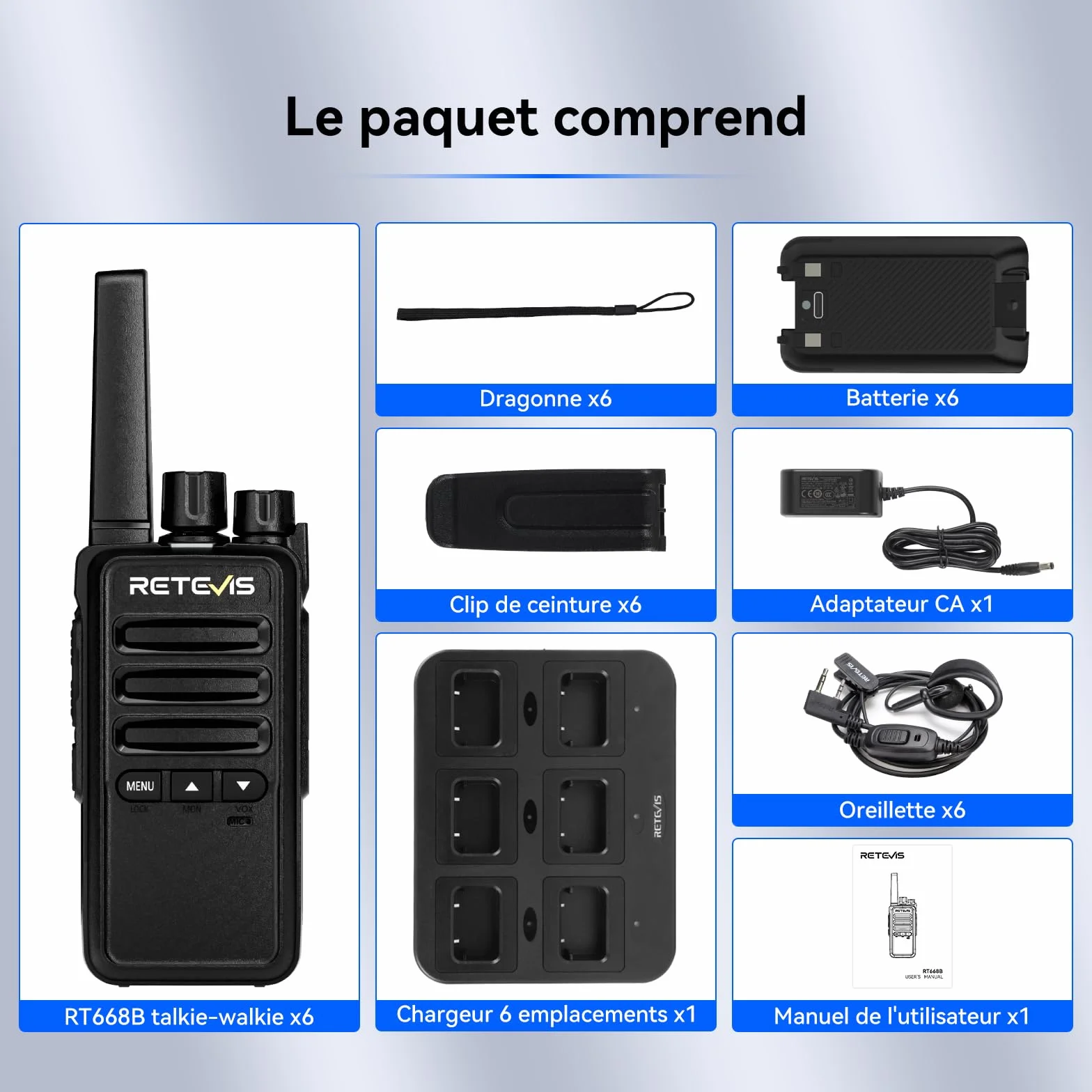 Retevis RT668B Talkie Walkie Longue Portée, PMR446, Lot de 6