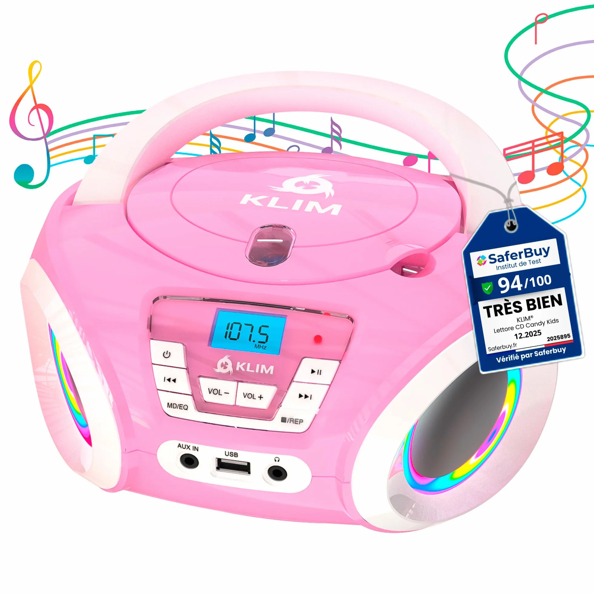 KLIM Candy Lecteur CD Enfant Radio FM Rose avec Haut-parleurs