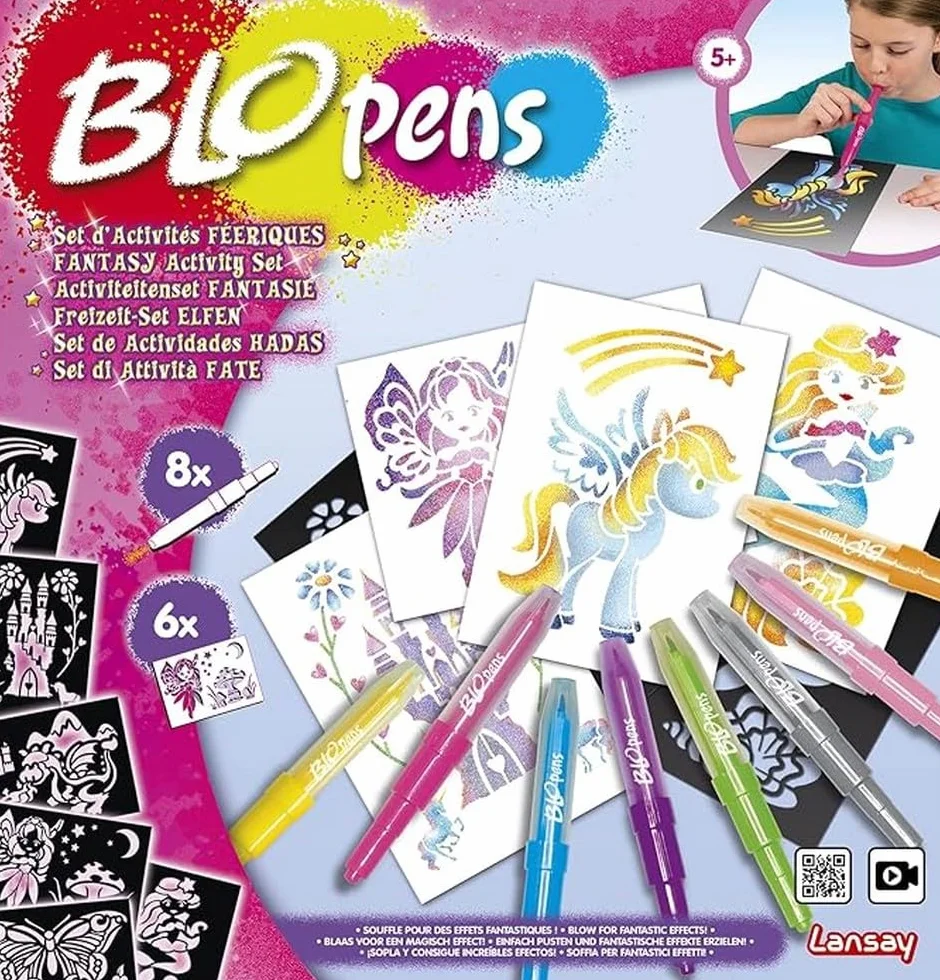 Lansay BLOPENS Set Activités Féeriques Feutres Coloriage À Souffler Pochoirs Réutilisables Kit Création Dessins Fées Licornes Sirènes Pailletées Enfants 5 Ans