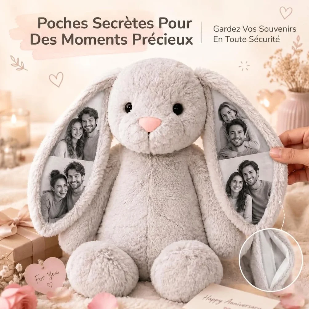 Peluche Lapin Personnalisé avec Photo Coussin Animal pour Femme Couple Cadeau Anniversaire