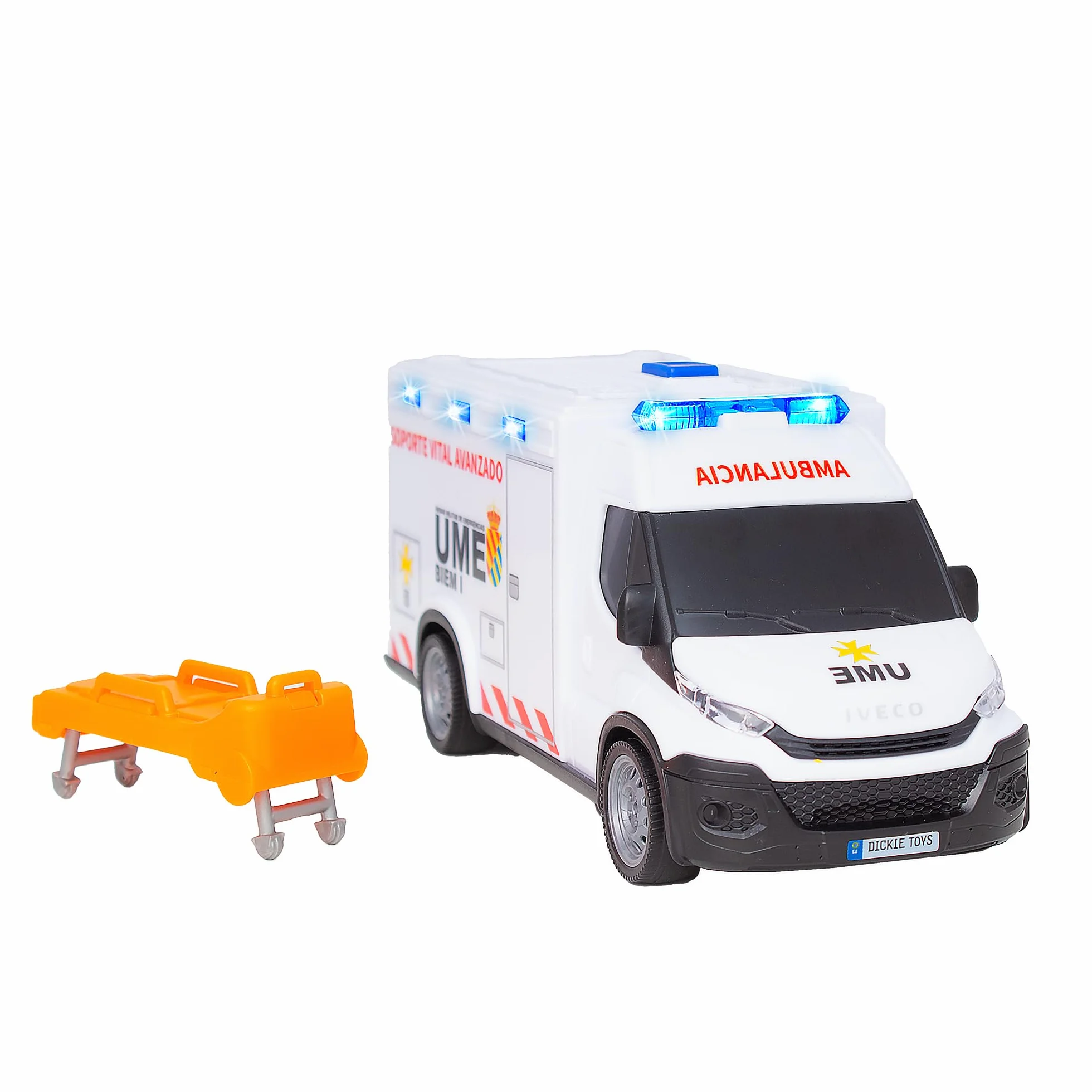Dickie Toys Ambulance IVECO UME 18 cm Jouet lumière Son Roue Rotation Libre civière