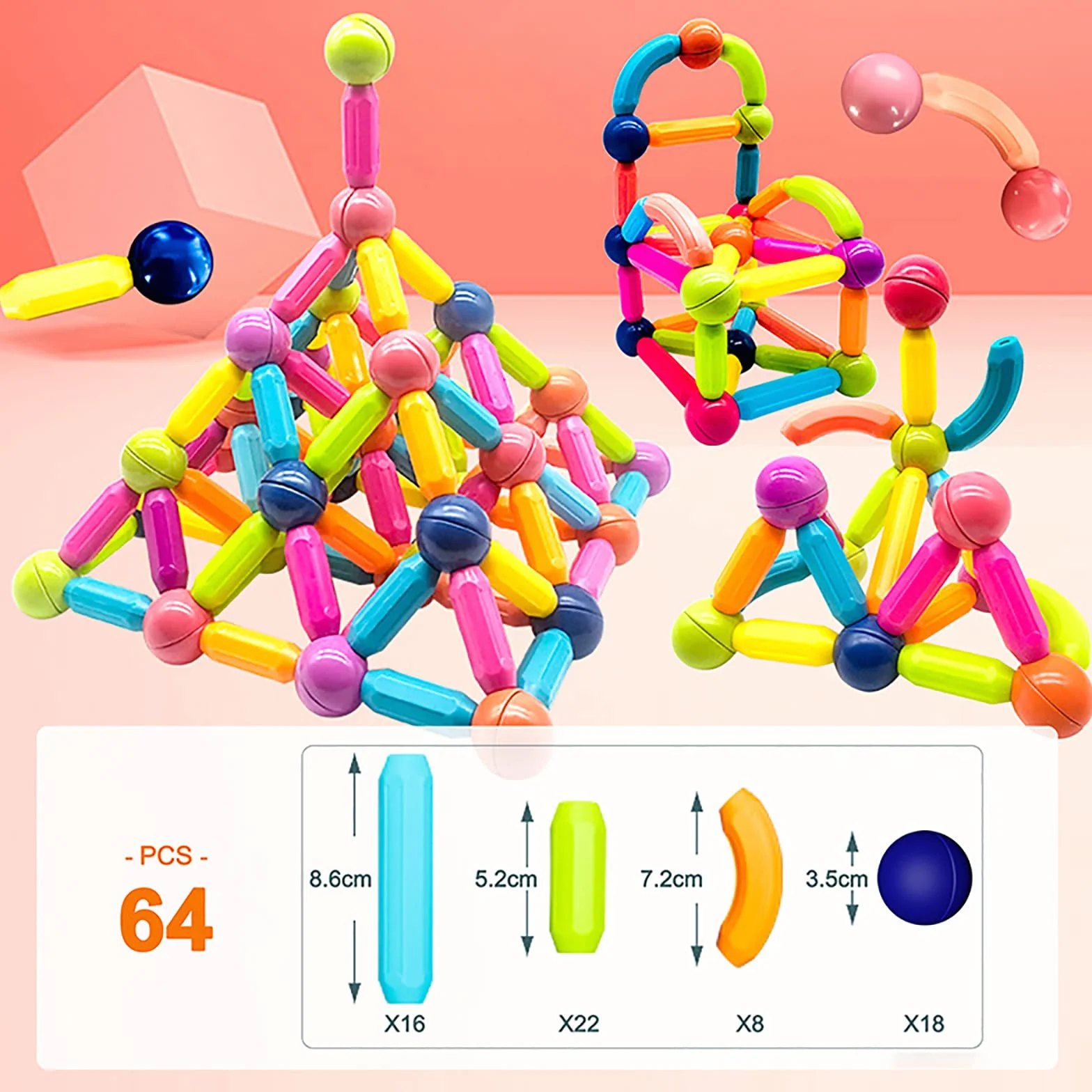 Bloc Construction Magnétique Enfant 64 Pièces Jeux Construction Magnétique 3D Jouets Magnétiques Cadeau Garçons Filles