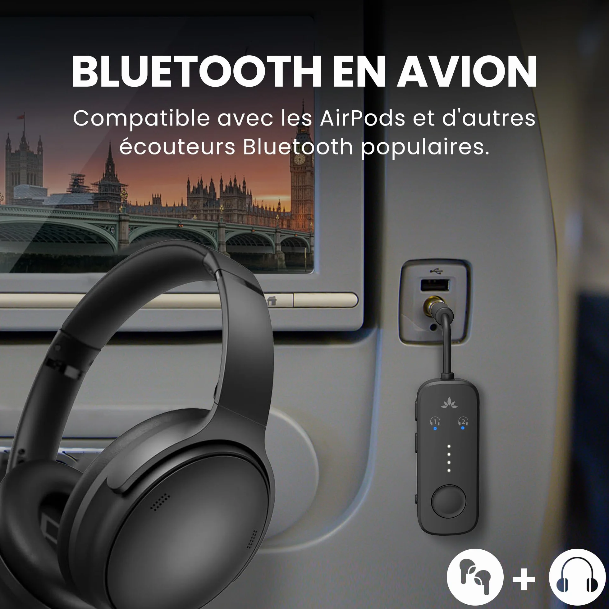 Avantree Relay Adaptateur Bluetooth 5.3 Avion Qualcomm aptX Adaptive 20H Autonomie Emetteur Audio sans Fil 3,5mm