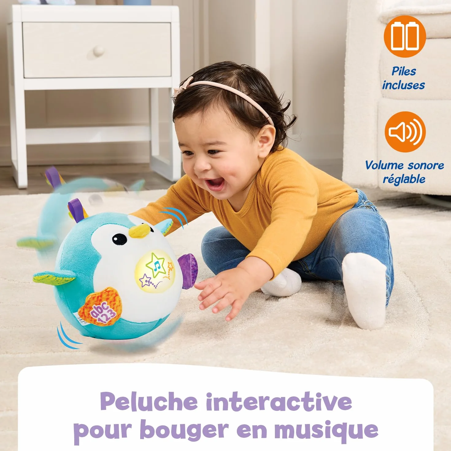 VTech Rouli'Pingouin Balle Magique Peluche Interactive Bébé Qui Répète, Saute et Roule - Balle Bébé Éveil Musical, Pingouin Jouet Sensoriel - Cadeau Enfant Dès 1 an