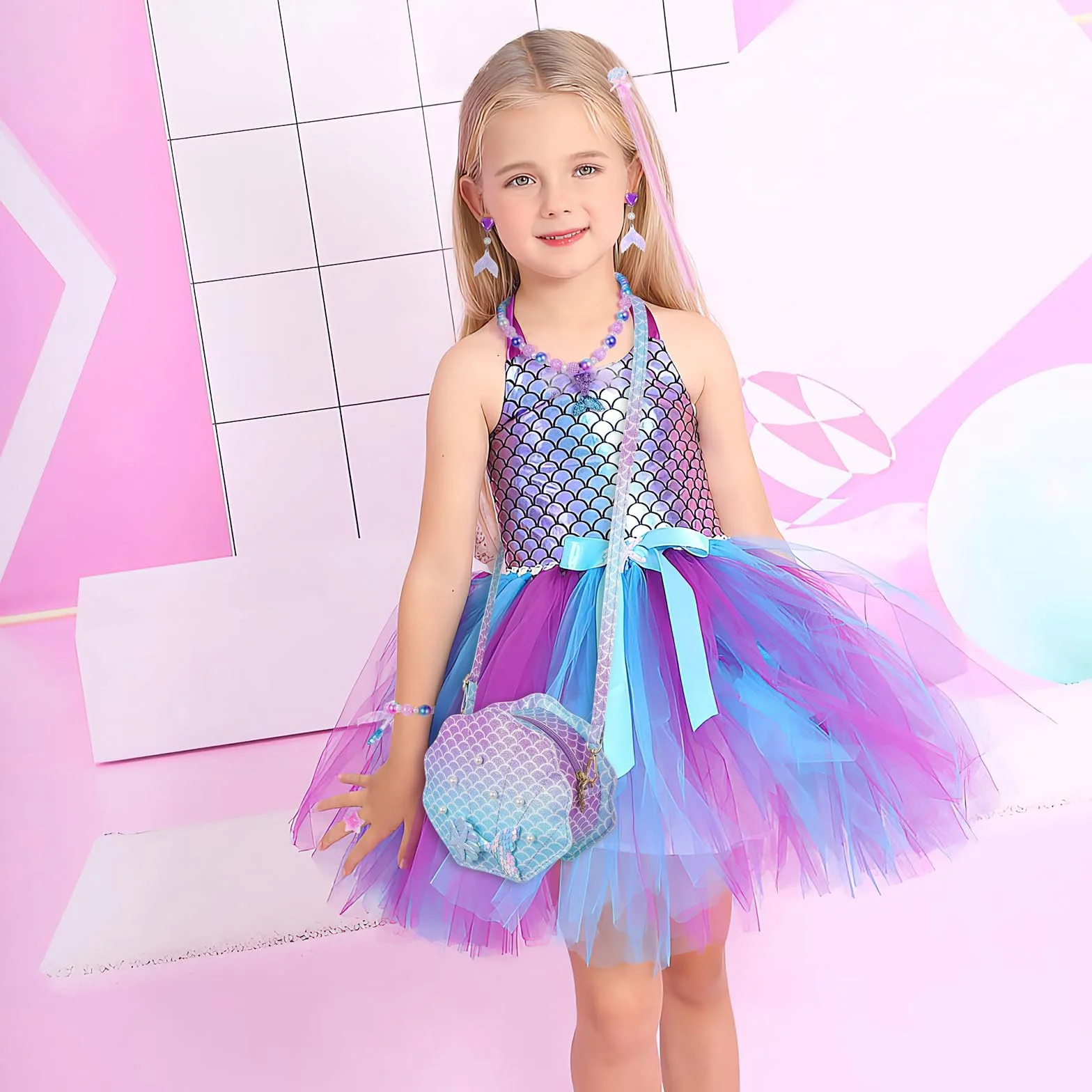Sirènes Sac à Main Bijoux Enfants Fille, Coquillage Sac Bandoulière Princesse Set Collier Bracelet Bague Boucles d'oreilles