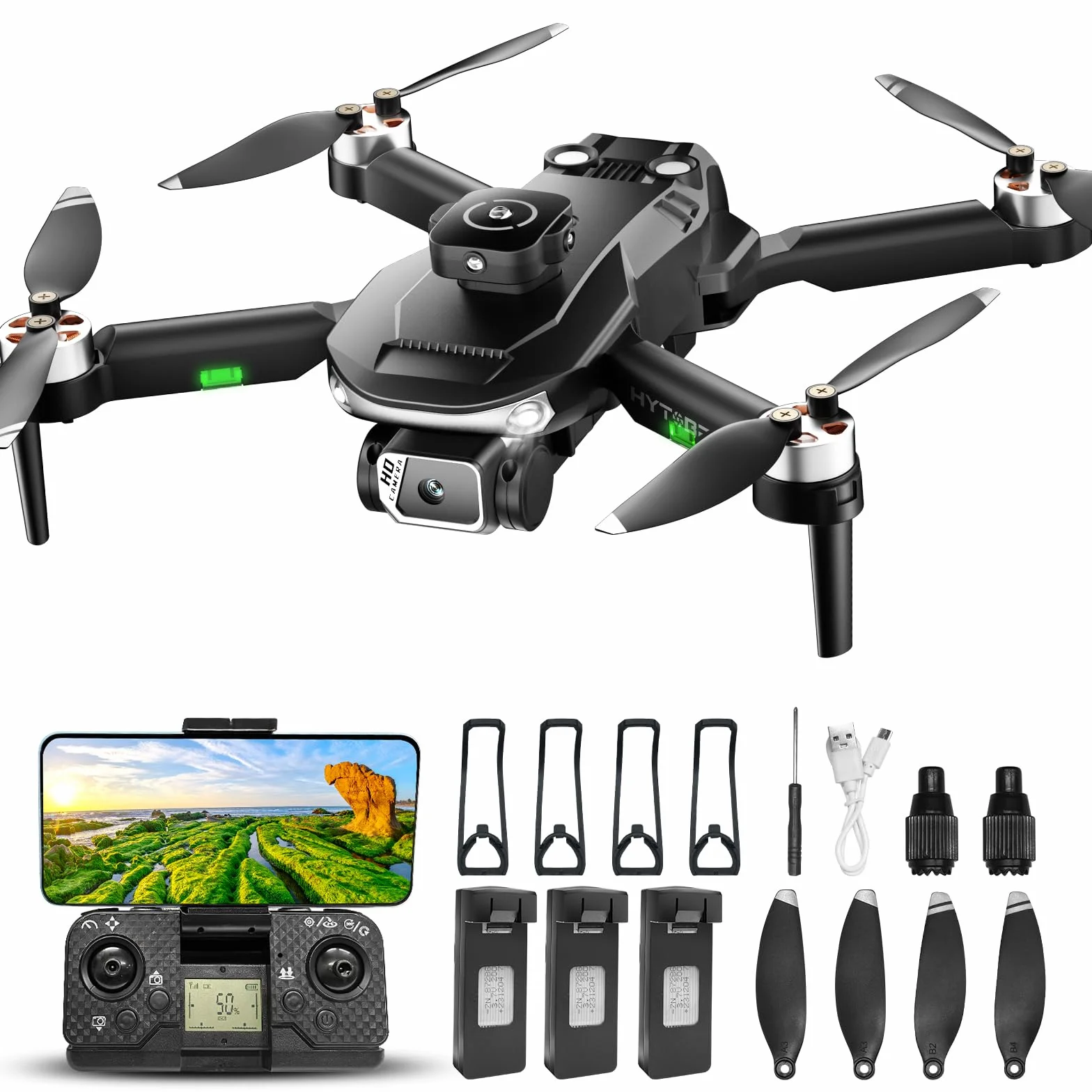 Drone avec caméra 1080p, moteur sans balais, caméra réglable électriquement à 90°, maintien de flux optique, vrille à 360°, 3 batteries, protection d'hélices, drone pour adultes (noir)