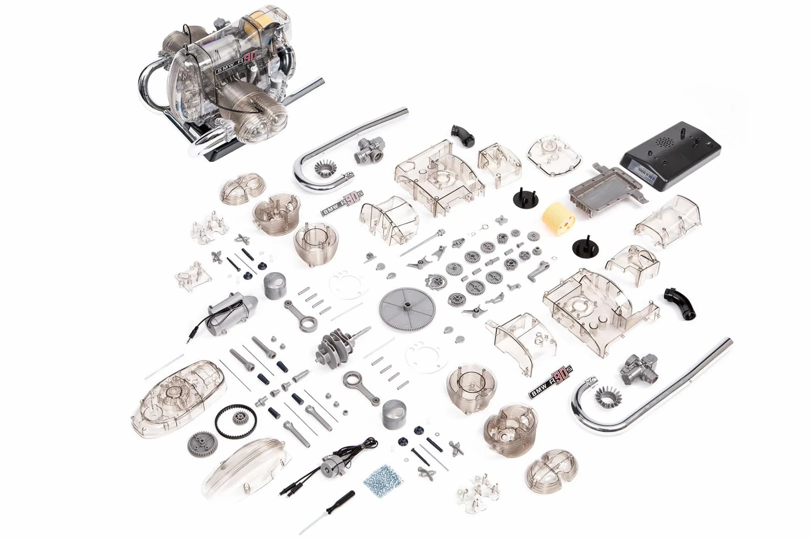 Franzis BME019 67009 0 BMW R 90 S Boxermotor originalgetreues Modell, Bausatz mit schaltbarem 5 Gang Getriebe, über 200 Teile und Begleitbuch, bunt