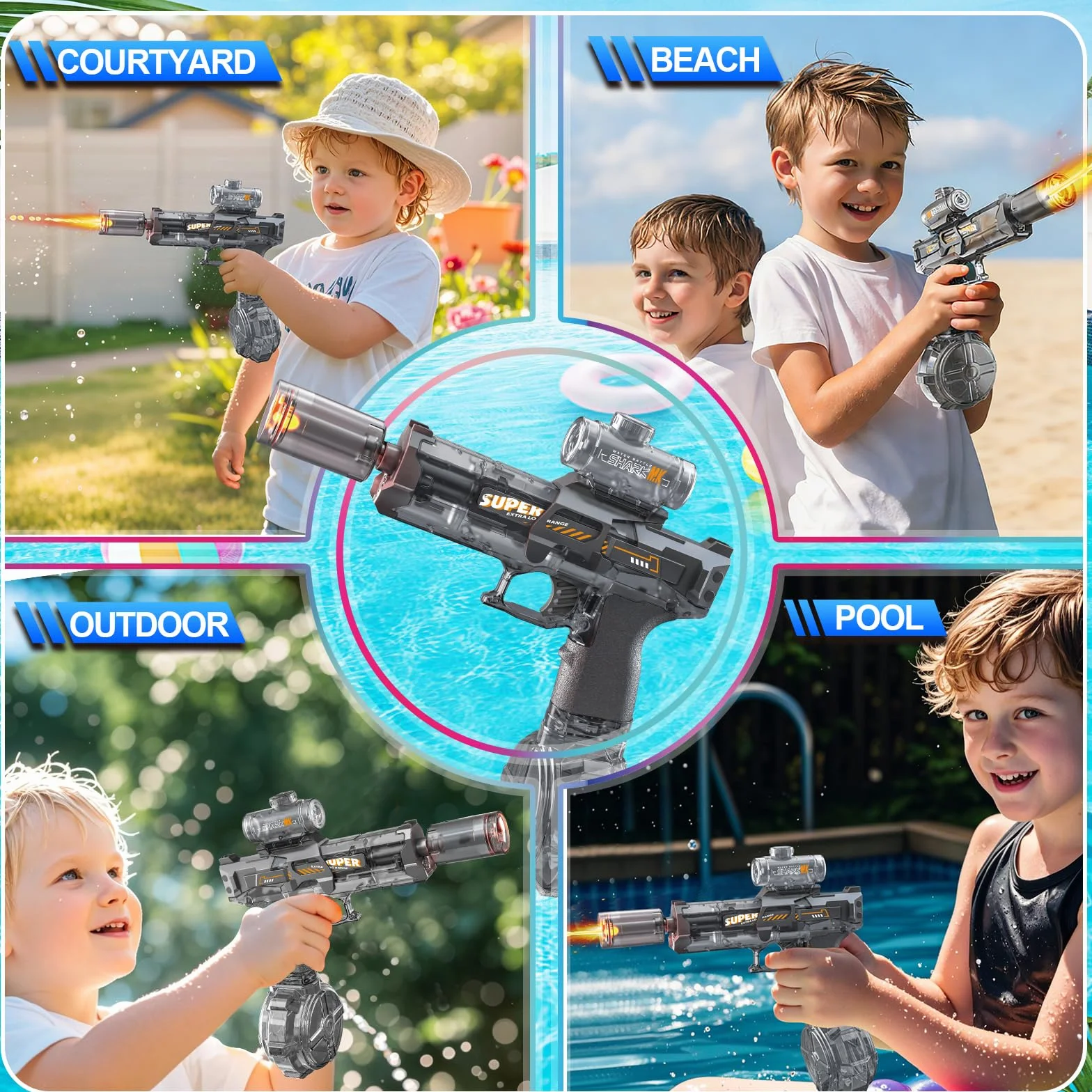Pistolet à Eau Électrique pour Enfants, Longue Portée, avec Lampe LED, Jouet de Piscine, Cadeau (Noir)