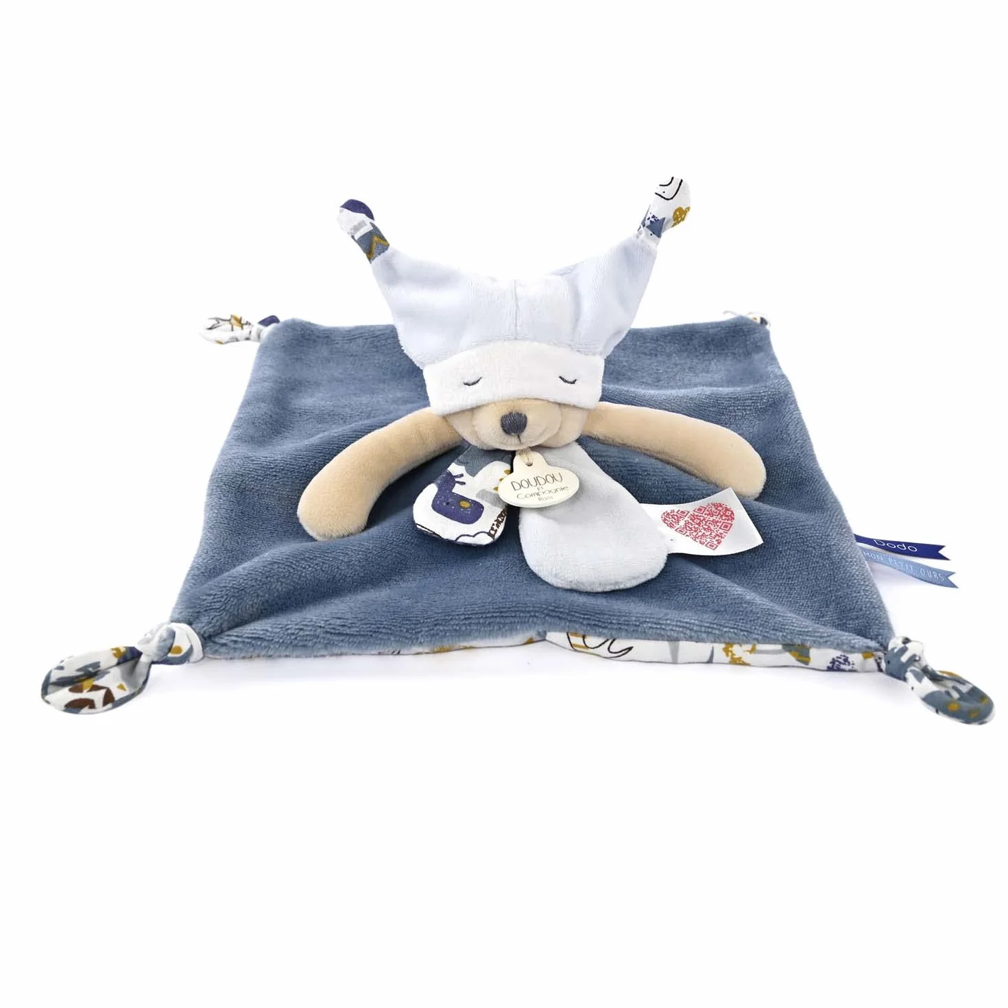 Doudou Plat Ours Bleu 25 cm Avec Bonnet Rituel du Coucher - Dès la Naissance - Garantie Doudou Perdu - Idée Cadeau Bébé