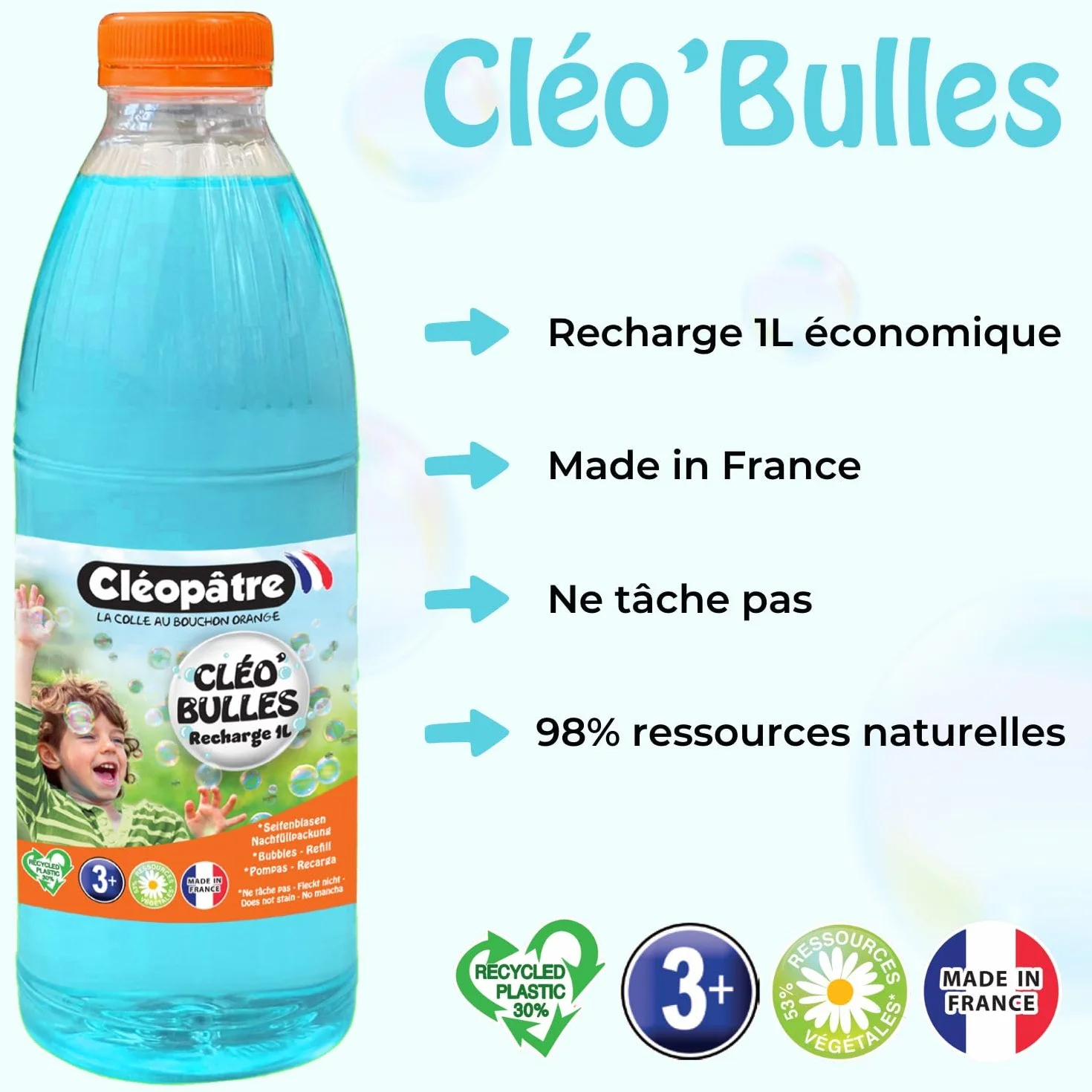 CLEOPATRE CLÉO’Bulles Recharge Solution Bulles de Savon Bleue 1 L Hypoallergénique Fabriqué en France