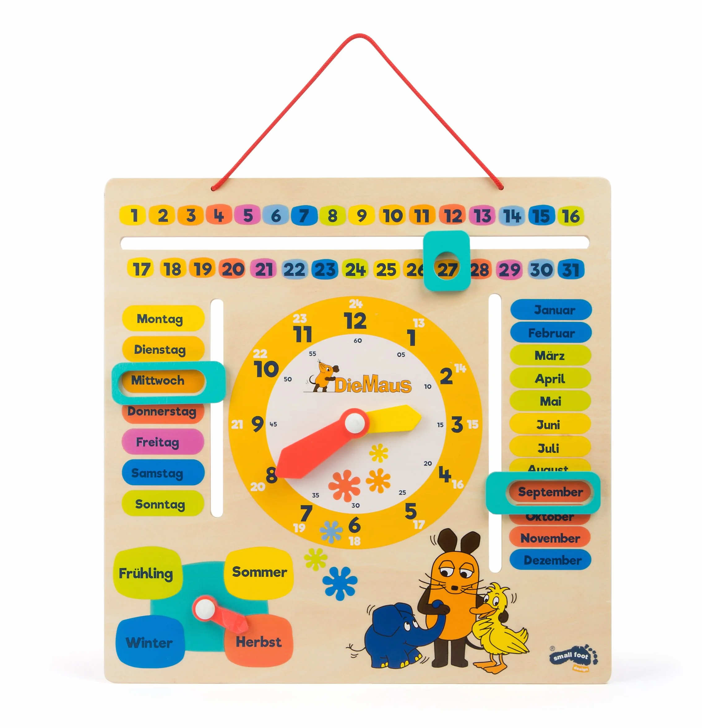 Small Foot Horloge Éducative avec Calendrier Die Maus en Bois Date Saisons Heure